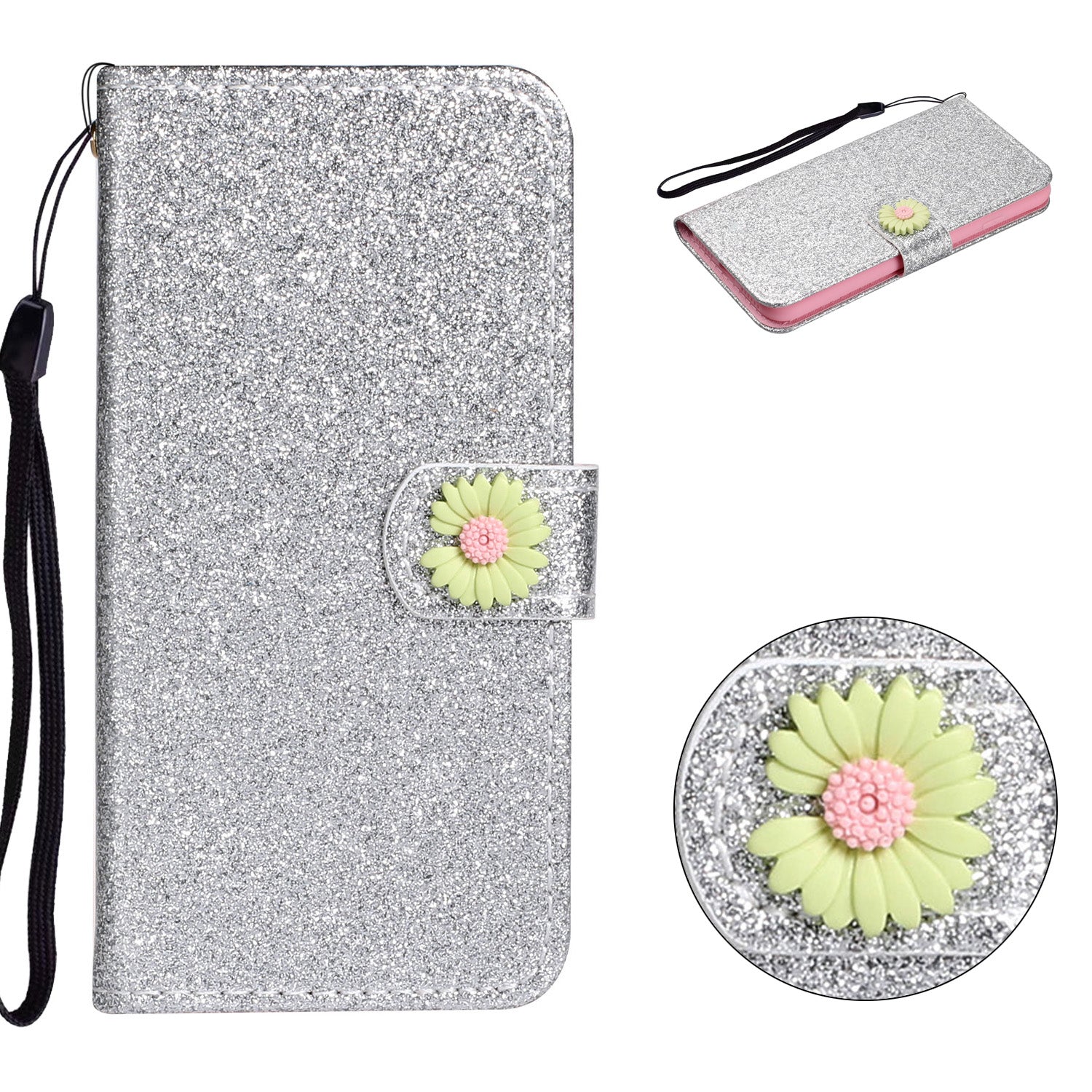 Glitter Powder Flower Decor Leather Stand Wallet Case for Samsung Galaxy S20 Ultra - Silver