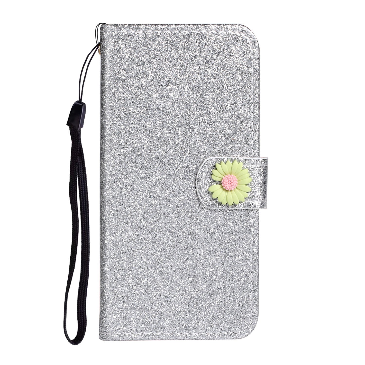 Glitter Powder Flower Decor Leather Stand Wallet Case for Samsung Galaxy S20 Ultra - Silver