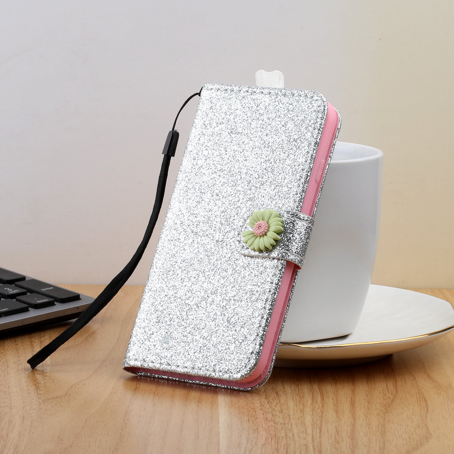 Glitter Powder Flower Decor Leather Stand Wallet Case for Samsung Galaxy S20 Ultra - Silver