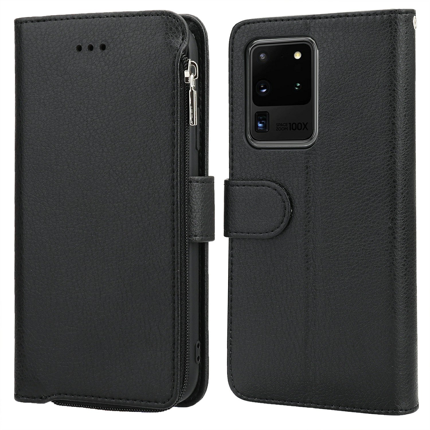 Microfiber Leather Phone Case Zipper Pocket Wallet  for Samsung Galaxy S20 Ultra - Black