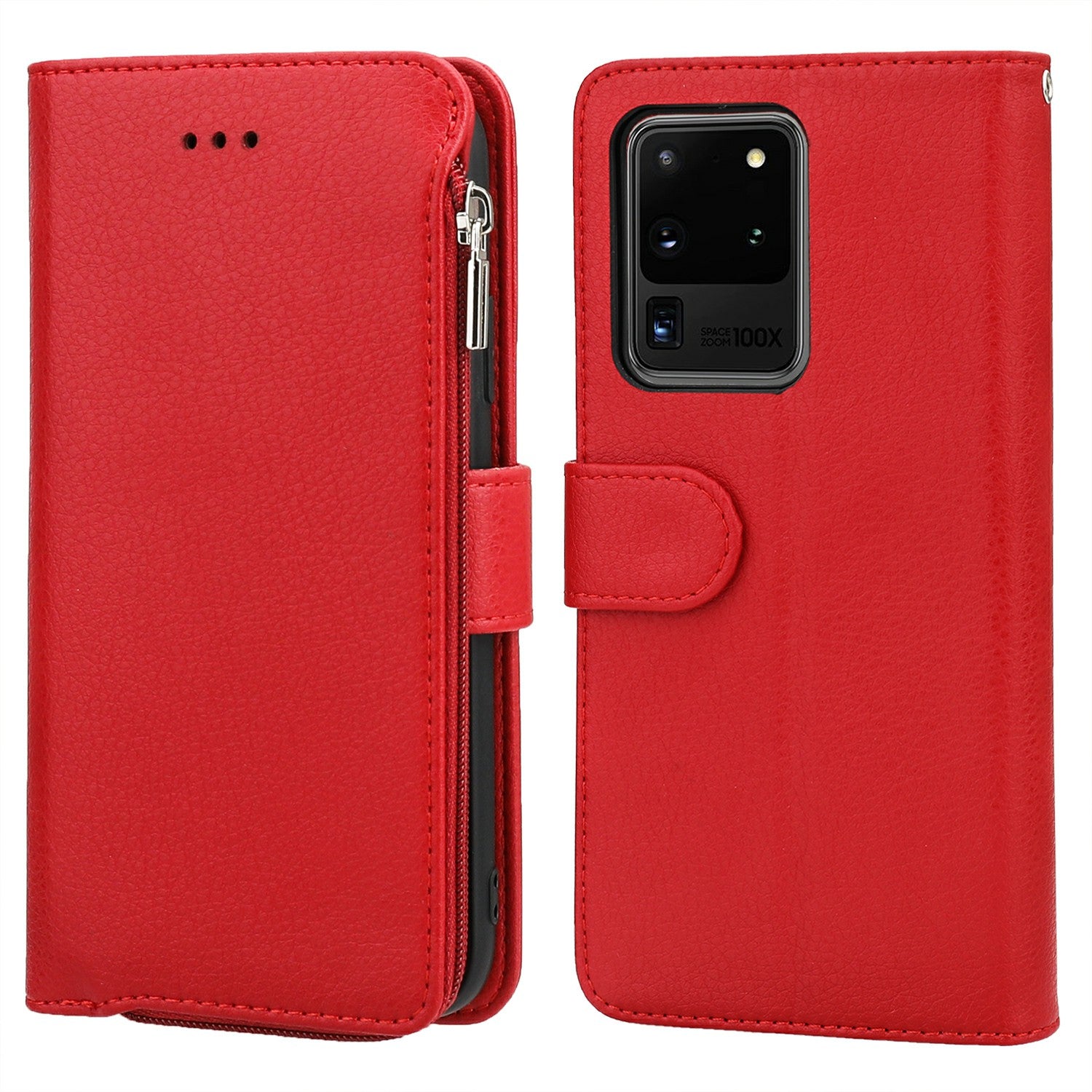 Microfiber Leather Phone Case Zipper Pocket Wallet  for Samsung Galaxy S20 Ultra - Red