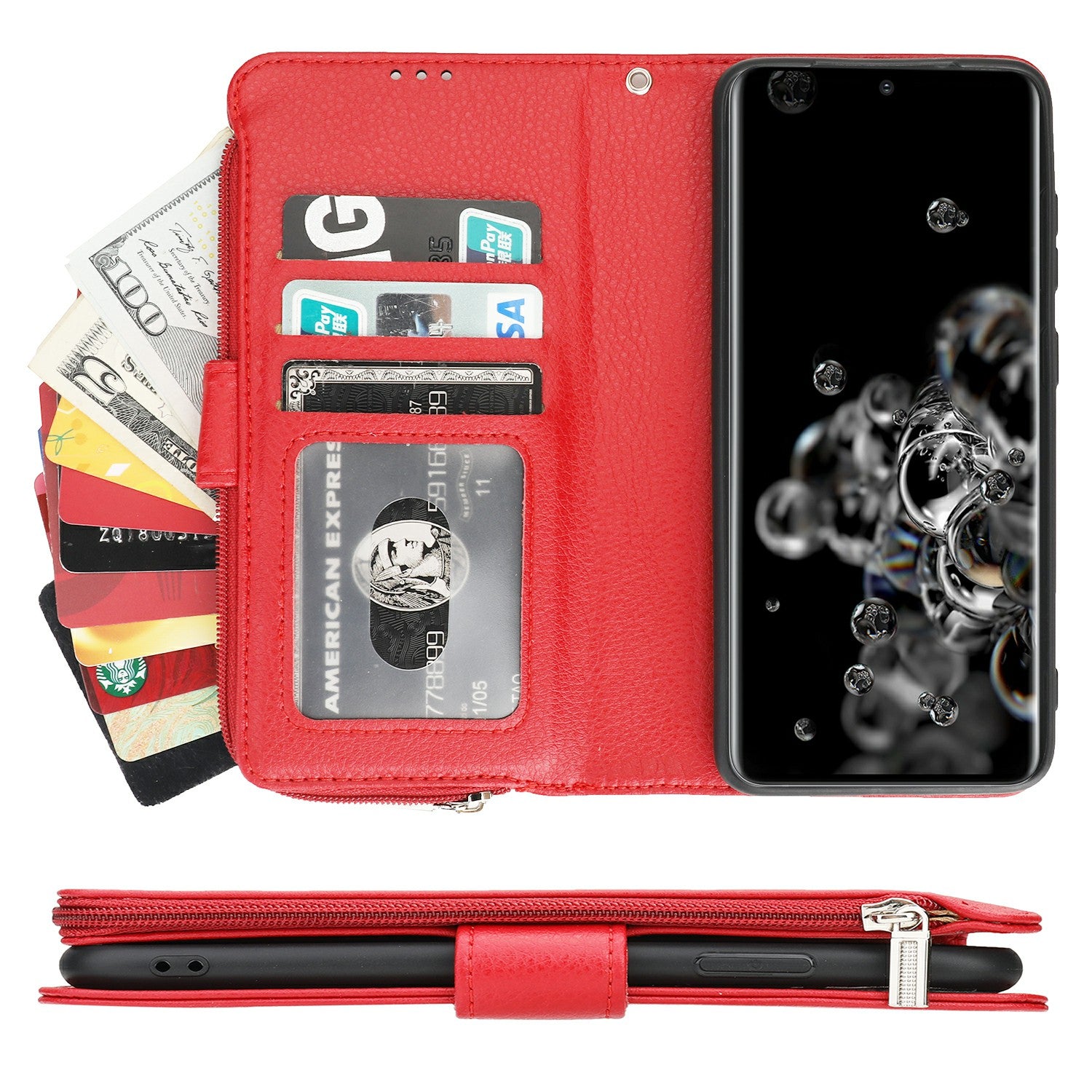 Microfiber Leather Phone Case Zipper Pocket Wallet  for Samsung Galaxy S20 Ultra - Red