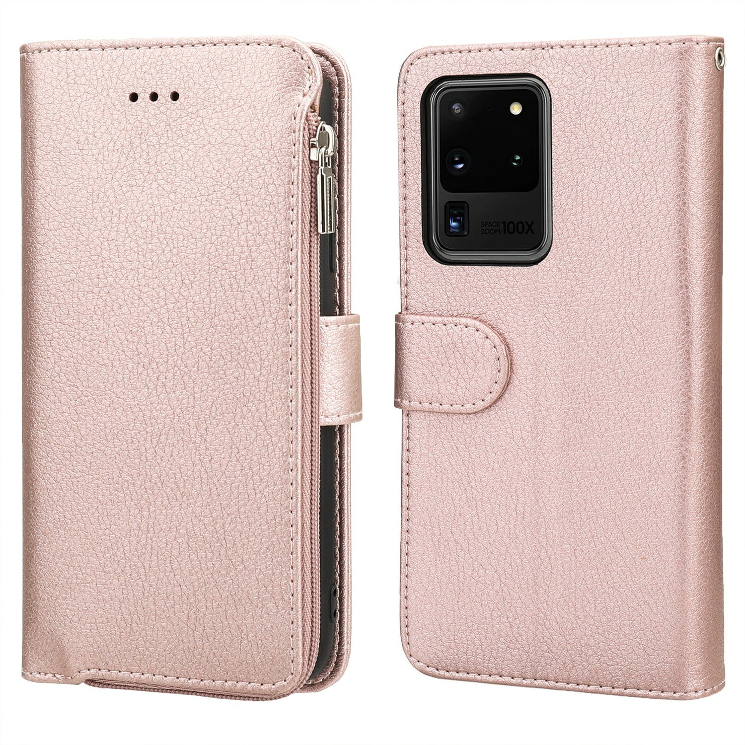 Microfiber Leather Phone Case Zipper Pocket Wallet  for Samsung Galaxy S20 Ultra - Rose Gold