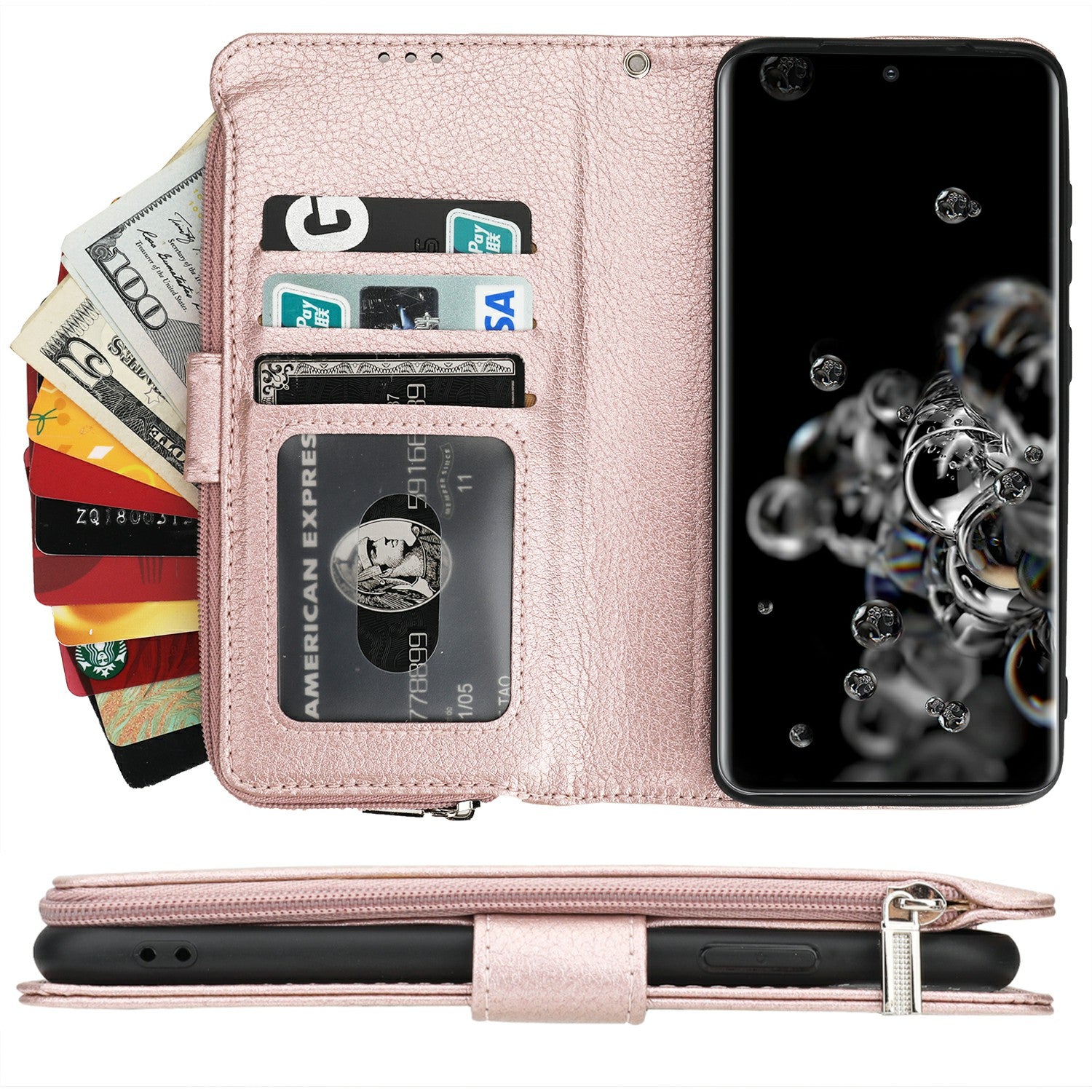 Microfiber Leather Phone Case Zipper Pocket Wallet  for Samsung Galaxy S20 Ultra - Rose Gold