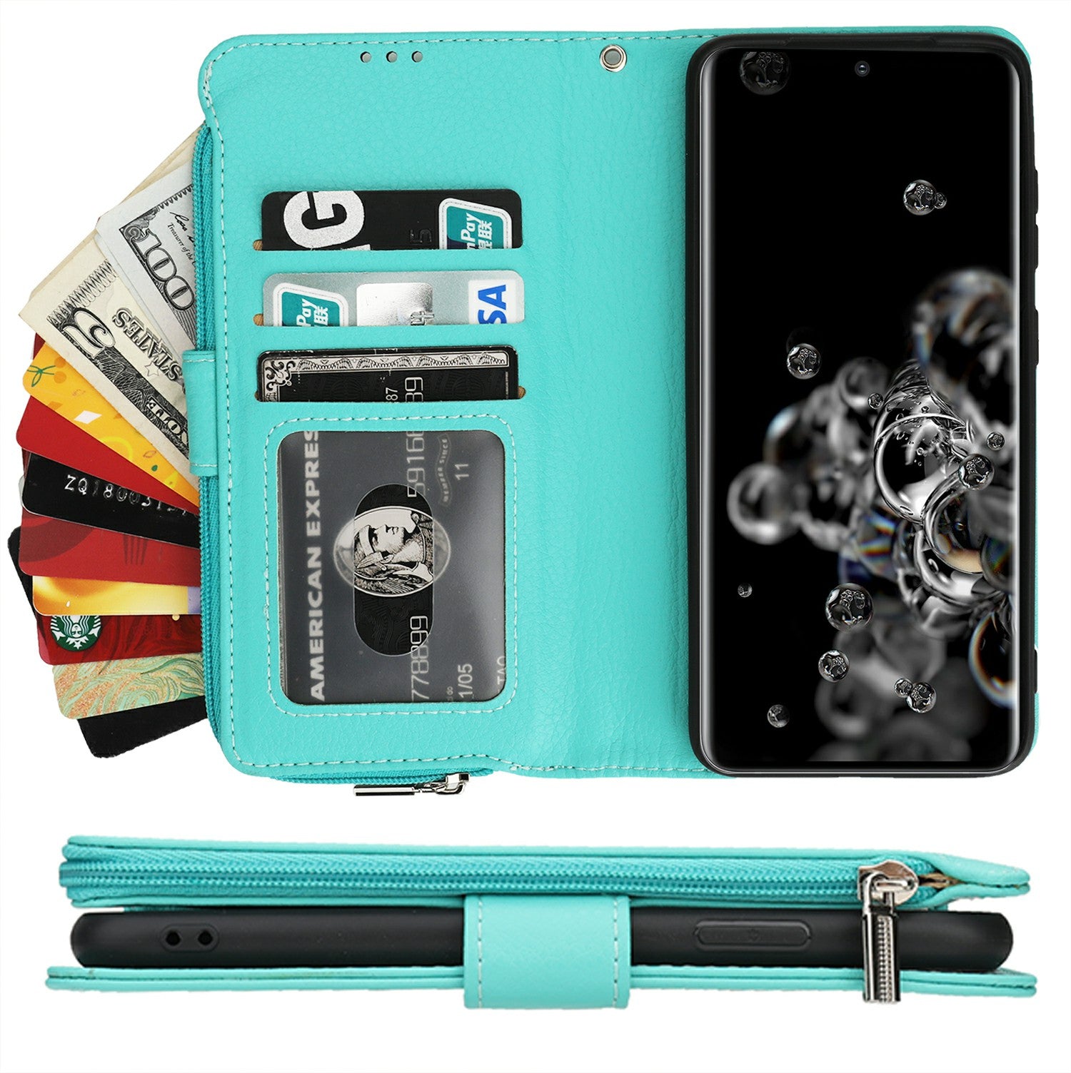 Microfiber Leather Phone Case Zipper Pocket Wallet  for Samsung Galaxy S20 Ultra - Green