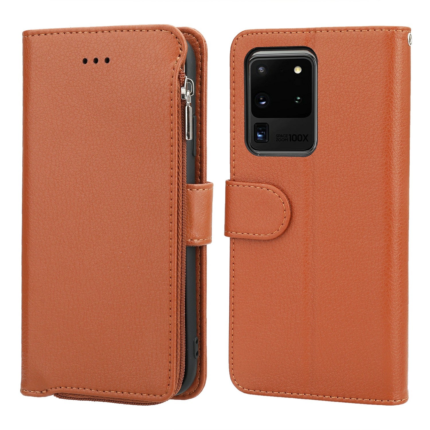 Microfiber Leather Phone Case Zipper Pocket Wallet  for Samsung Galaxy S20 Ultra - Brown