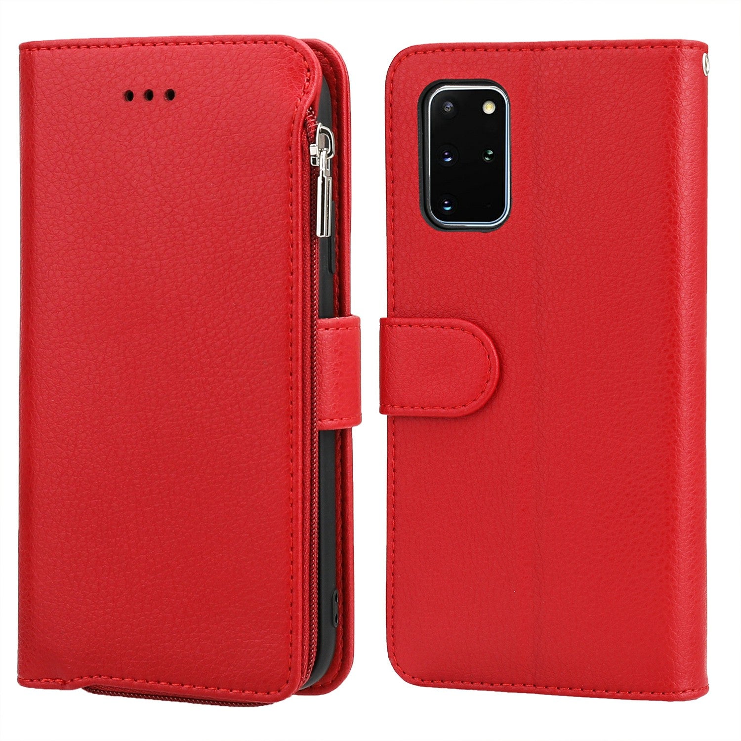 Microfiber Leather Zipper Pocket Wallet Case for Samsung Galaxy S20 Plus - Red