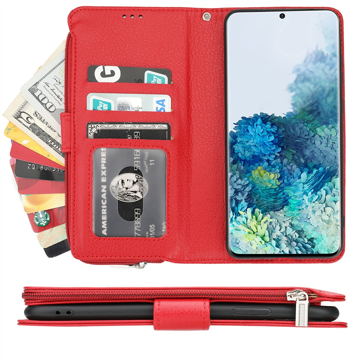 Microfiber Leather Zipper Pocket Wallet Case for Samsung Galaxy S20 Plus - Red