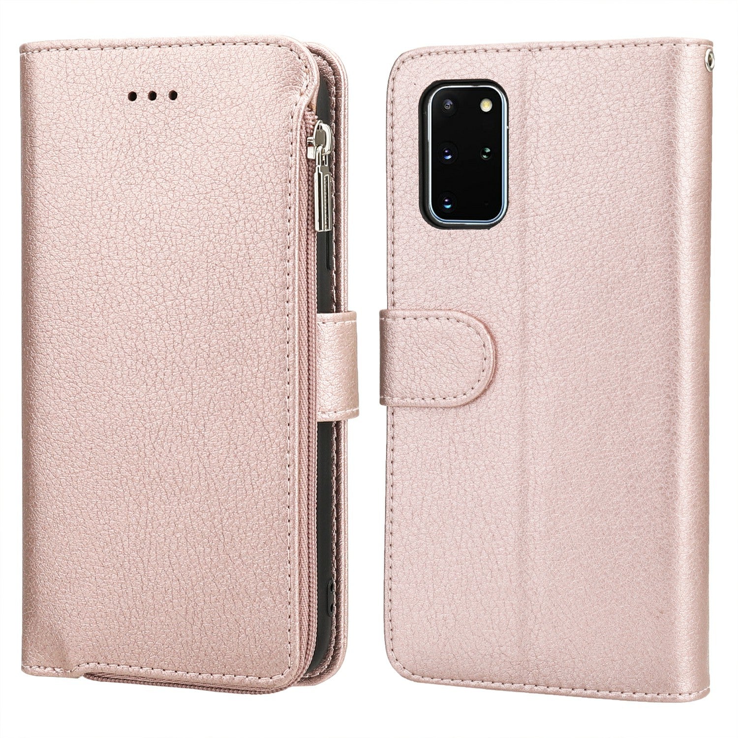 Microfiber Leather Zipper Pocket Wallet Case for Samsung Galaxy S20 Plus - Rose Gold