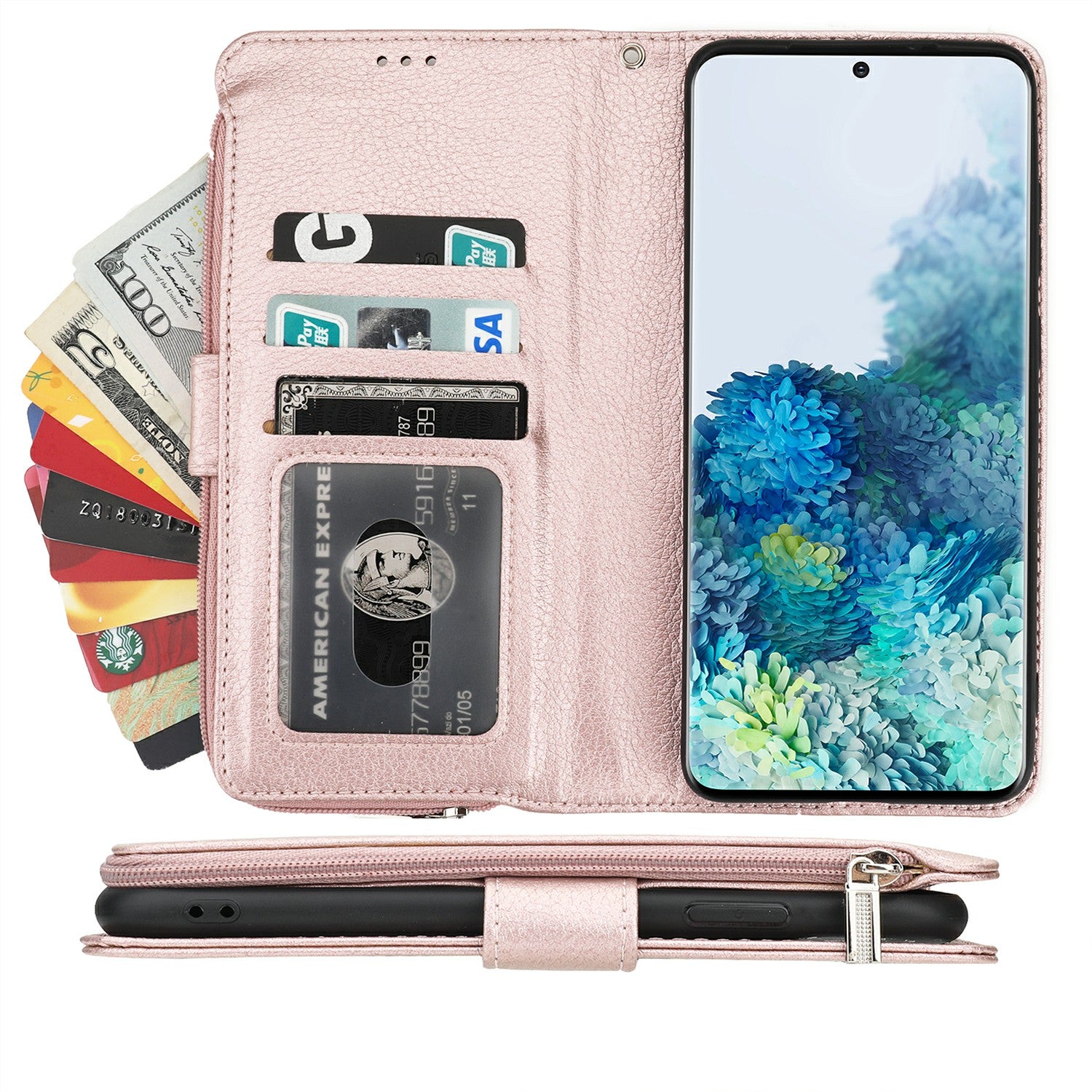 Microfiber Leather Zipper Pocket Wallet Case for Samsung Galaxy S20 Plus - Rose Gold