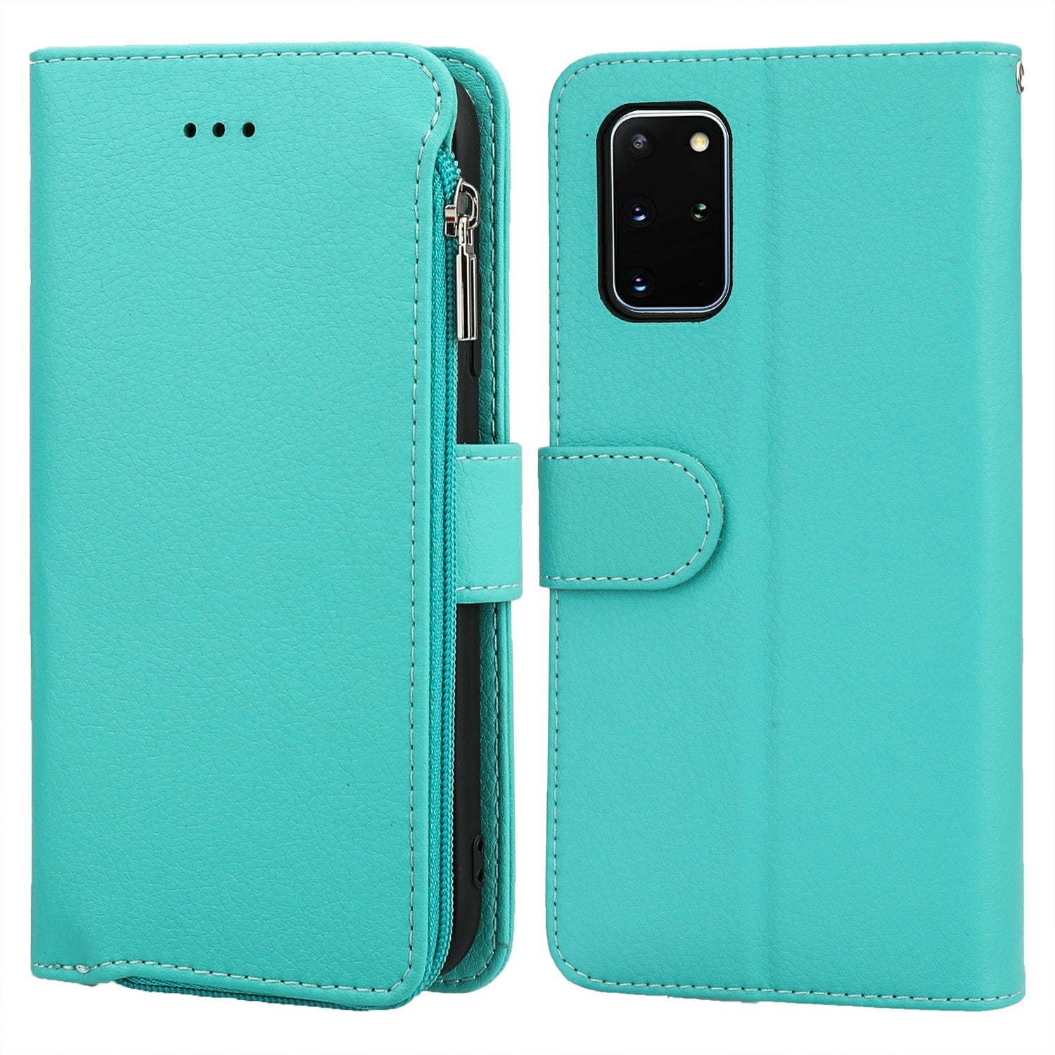 Microfiber Leather Zipper Pocket Wallet Case for Samsung Galaxy S20 Plus - Green