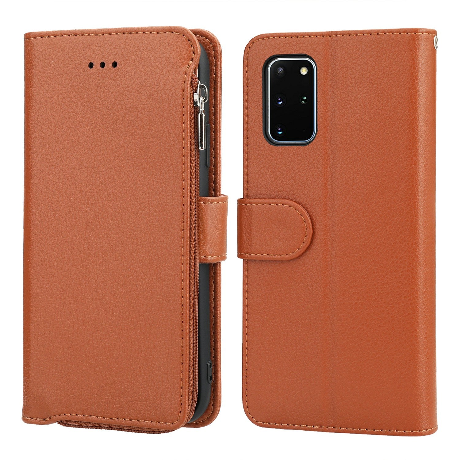 Microfiber Leather Zipper Pocket Wallet Case for Samsung Galaxy S20 Plus - Brown