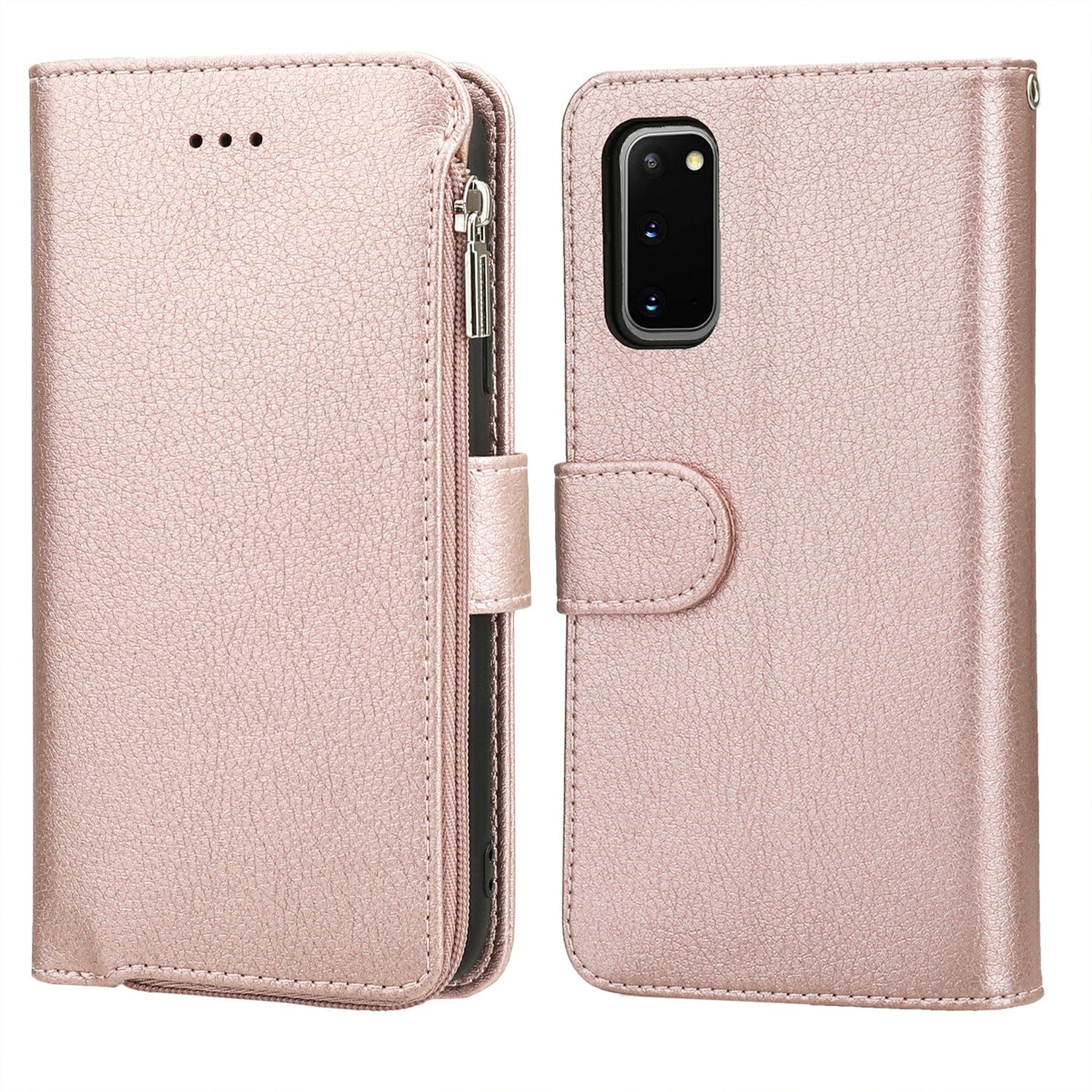 Microfiber Leather Zipper Wallet Case with Strap for Samsung Galaxy S20 4G/S20 5G - Rose Gold