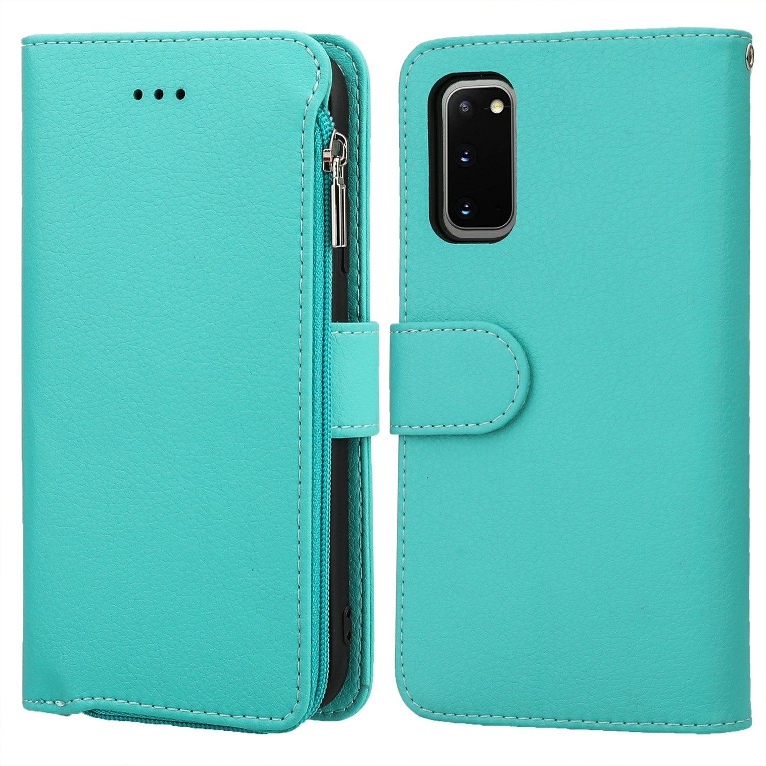 Microfiber Leather Zipper Wallet Case with Strap for Samsung Galaxy S20 4G/S20 5G - Green