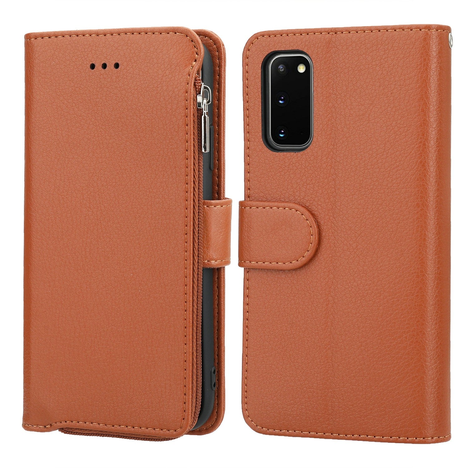 Microfiber Leather Zipper Wallet Case with Strap for Samsung Galaxy S20 4G/S20 5G - Brown