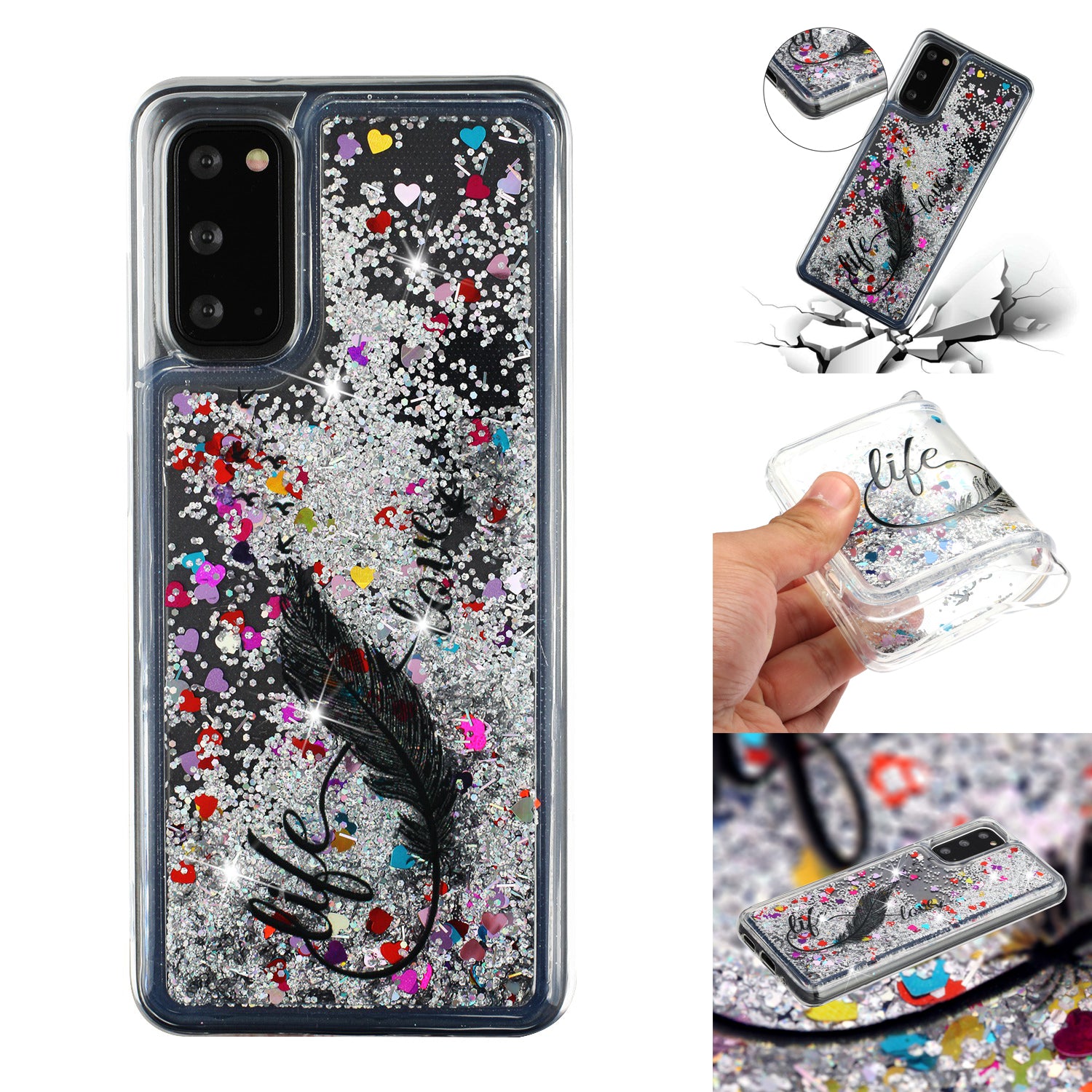 Pattern Printing Glitter Powder Quicksand TPU Protective Case for Samsung Galaxy S20 4G/S20 5G - Feather