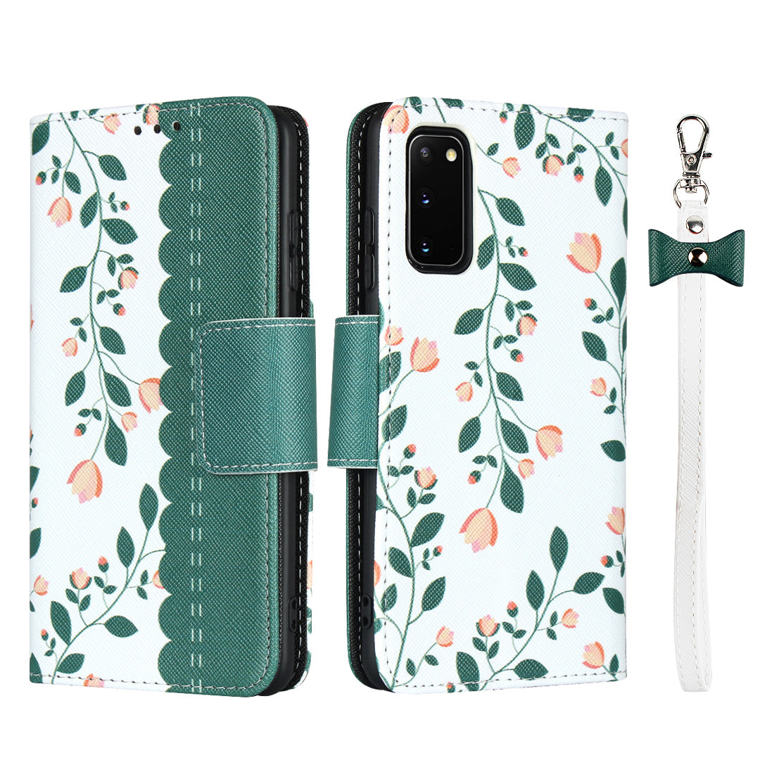 Flower Pattern Wallet Stand Flip Leather Phone Shell with Bowknot Lanyard for Samsung Galaxy S20 4G/S20 5G - Green