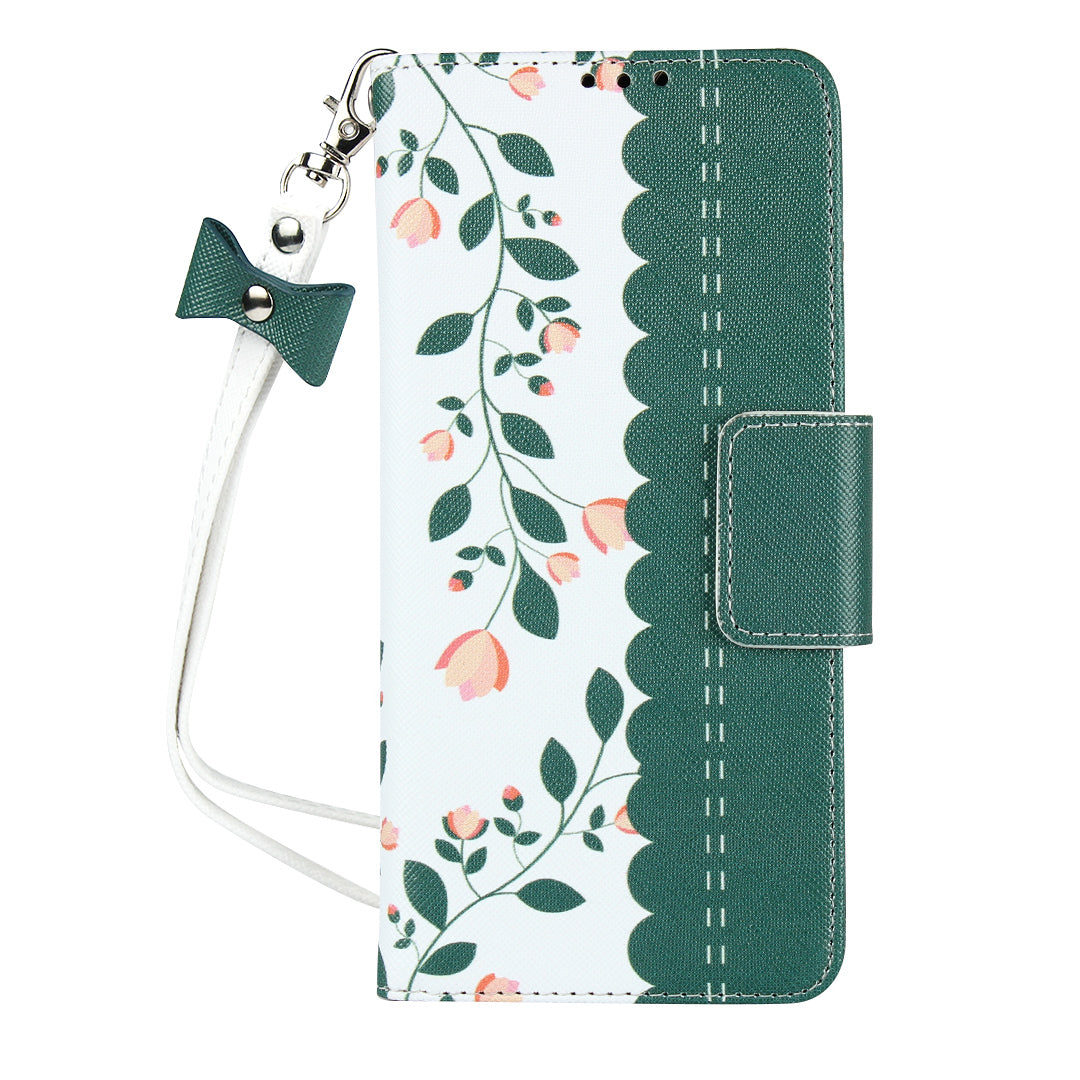 Flower Pattern Wallet Stand Flip Leather Phone Shell with Bowknot Lanyard for Samsung Galaxy S20 4G/S20 5G - Green