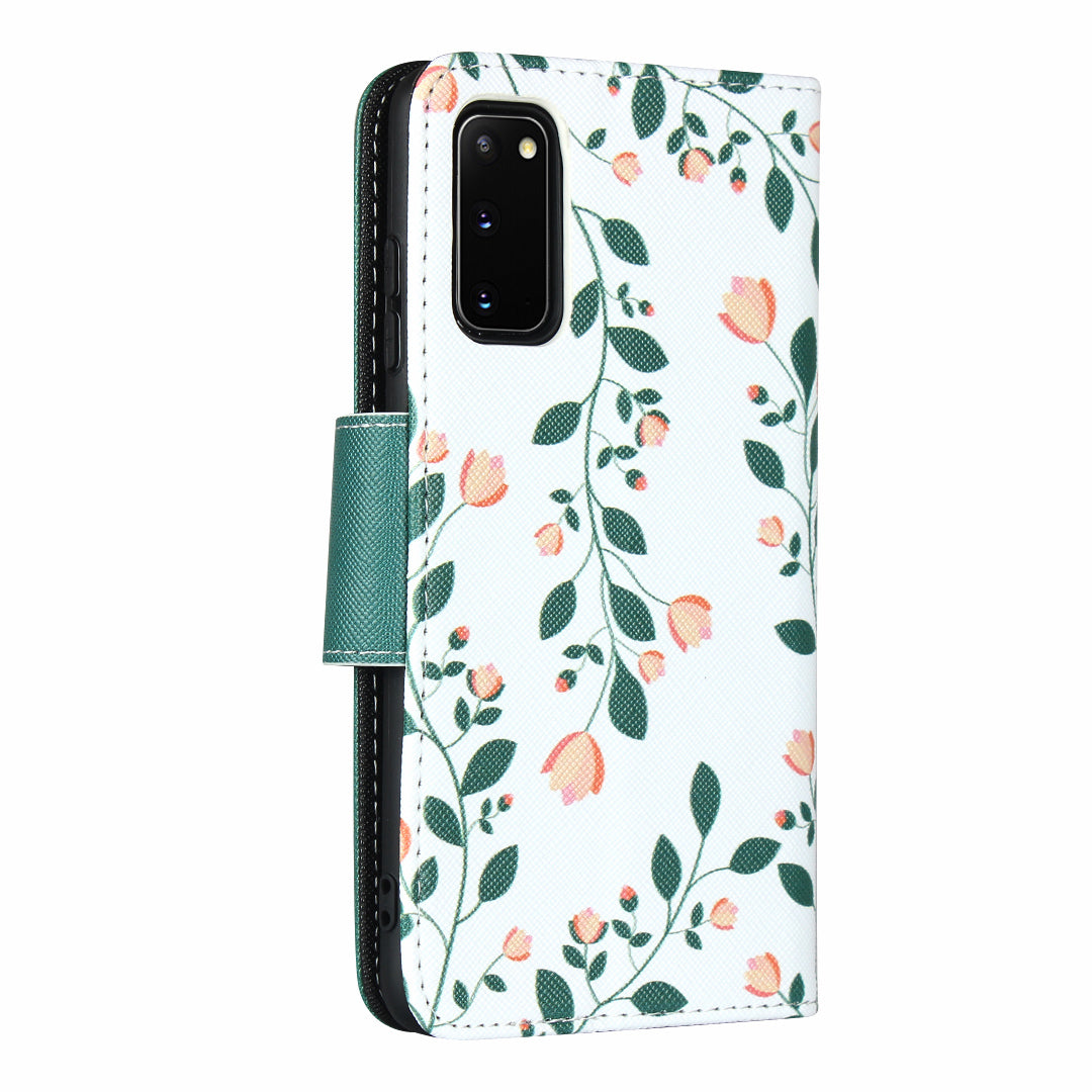 Flower Pattern Wallet Stand Flip Leather Phone Shell with Bowknot Lanyard for Samsung Galaxy S20 4G/S20 5G - Green