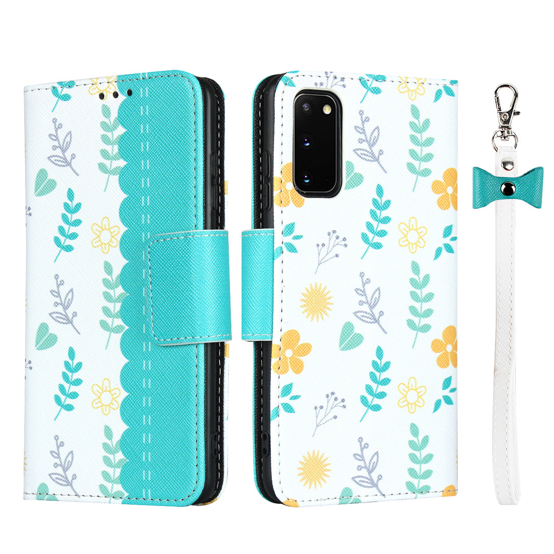 Flower Pattern Wallet Stand Flip Leather Phone Shell with Bowknot Lanyard for Samsung Galaxy S20 4G/S20 5G - Blue