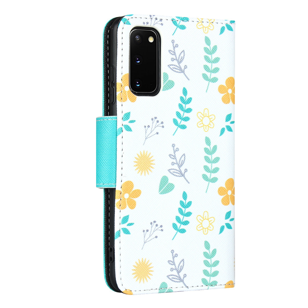 Flower Pattern Wallet Stand Flip Leather Phone Shell with Bowknot Lanyard for Samsung Galaxy S20 4G/S20 5G - Blue