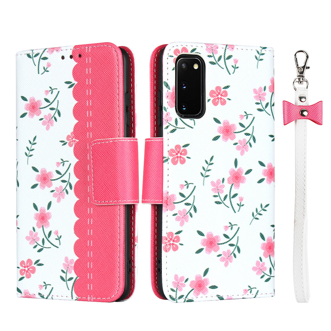 Flower Pattern Wallet Stand Flip Leather Phone Shell with Bowknot Lanyard for Samsung Galaxy S20 4G/S20 5G - Red