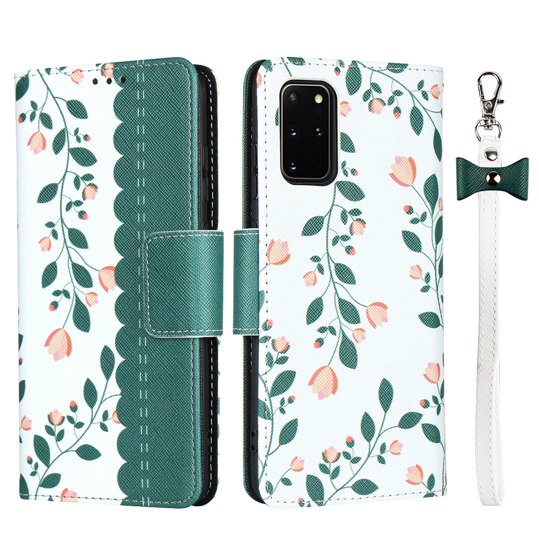 Flower Pattern Wallet Stand Flip Leather Phone Shell with Bowknot Lanyard for Samsung Galaxy S20 Plus / S20 Plus 5G - Green