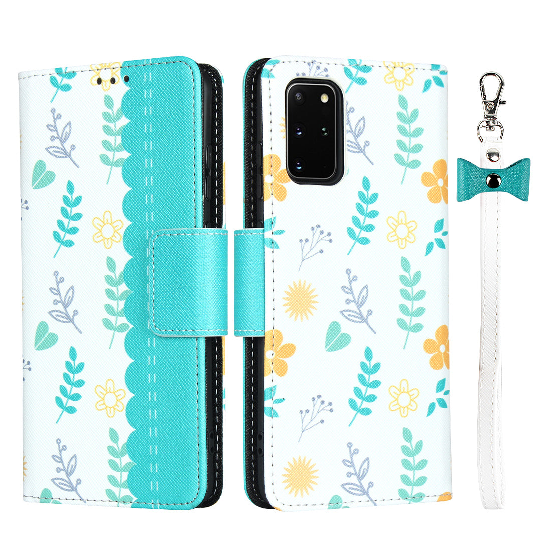 Flower Pattern Wallet Stand Flip Leather Phone Shell with Bowknot Lanyard for Samsung Galaxy S20 Plus / S20 Plus 5G - Blue