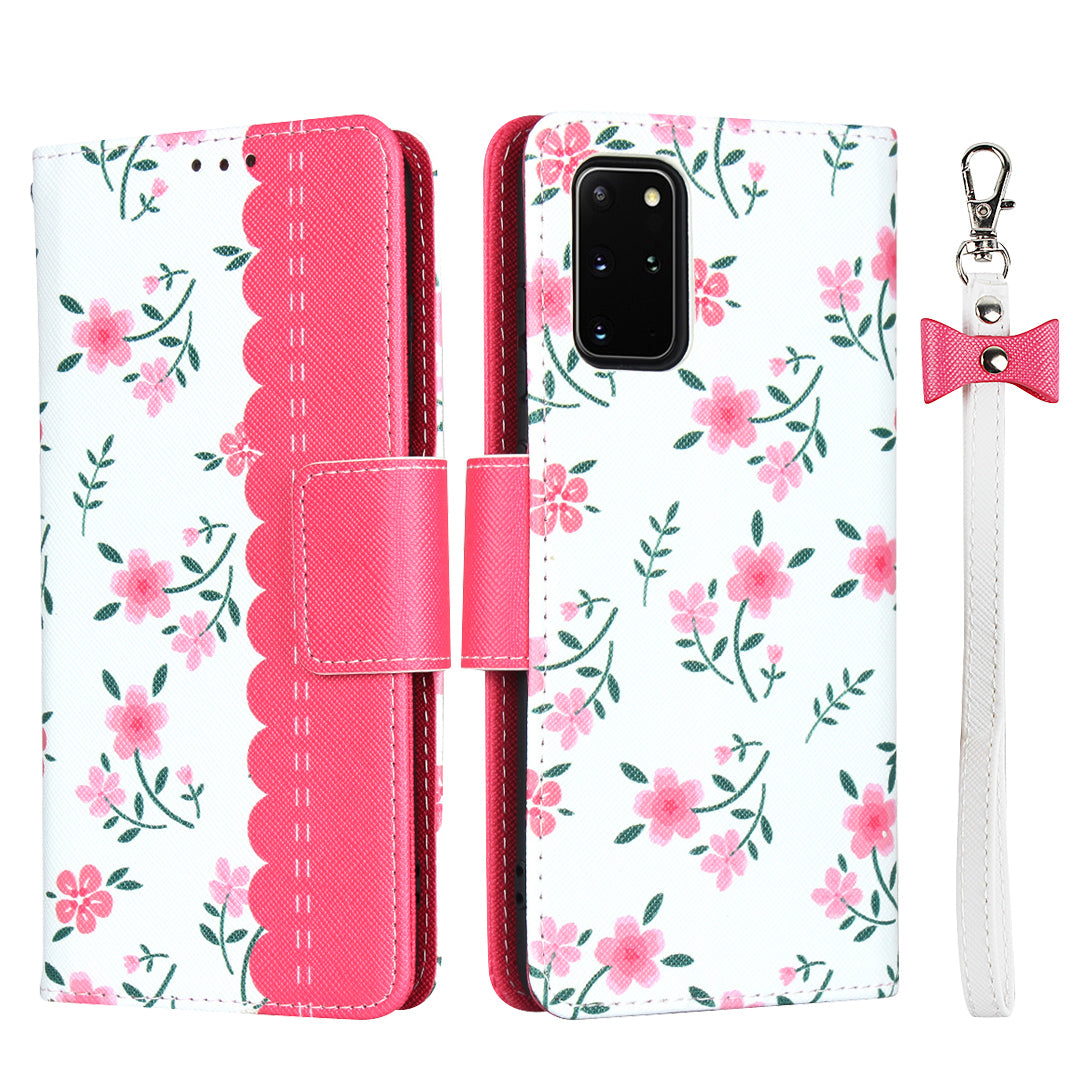 Flower Pattern Wallet Stand Flip Leather Phone Shell with Bowknot Lanyard for Samsung Galaxy S20 Plus / S20 Plus 5G - Red