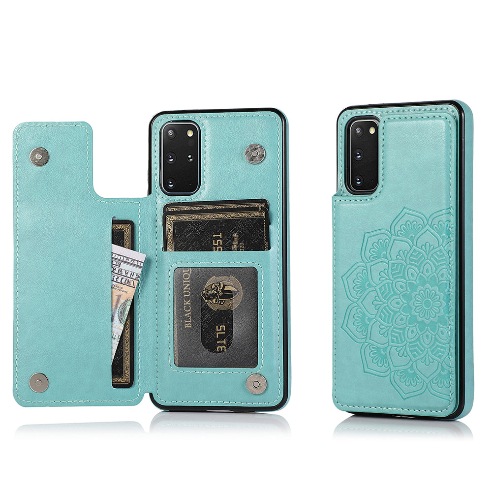 Imprint Mandala Flower PU Leather + TPU Hybrid Kickstand Case for Samsung Galaxy S20 Plus - Sky Blue