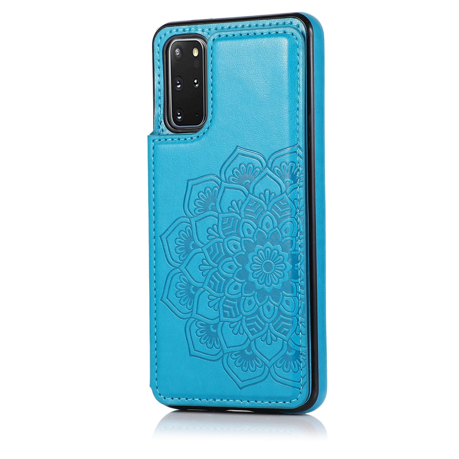 Imprint Mandala Flower PU Leather + TPU Hybrid Kickstand Case for Samsung Galaxy S20 Plus - Dark Blue