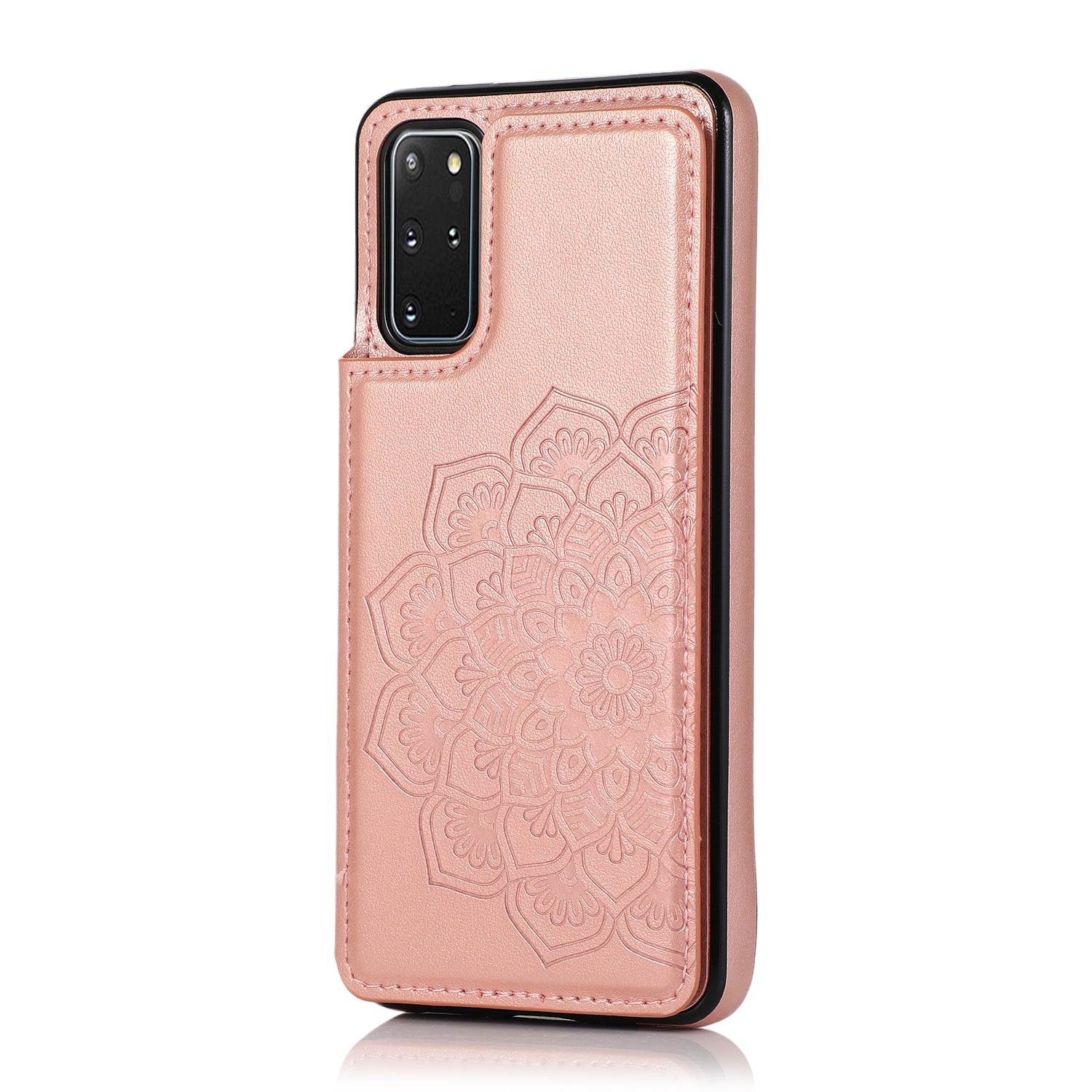 Imprint Mandala Flower PU Leather + TPU Hybrid Kickstand Case for Samsung Galaxy S20 Plus - Rose Gold