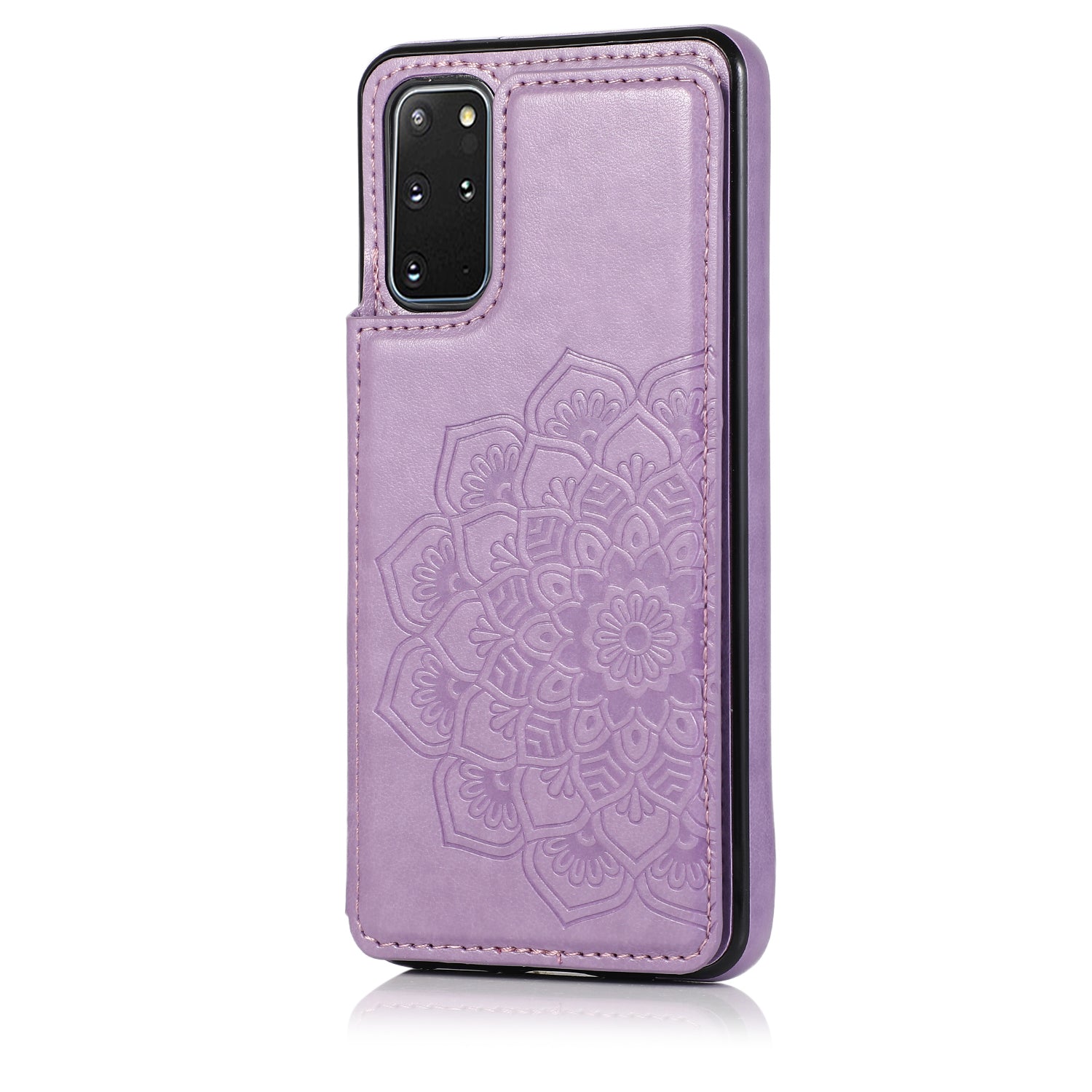 Imprint Mandala Flower PU Leather + TPU Hybrid Kickstand Case for Samsung Galaxy S20 Plus - Purple