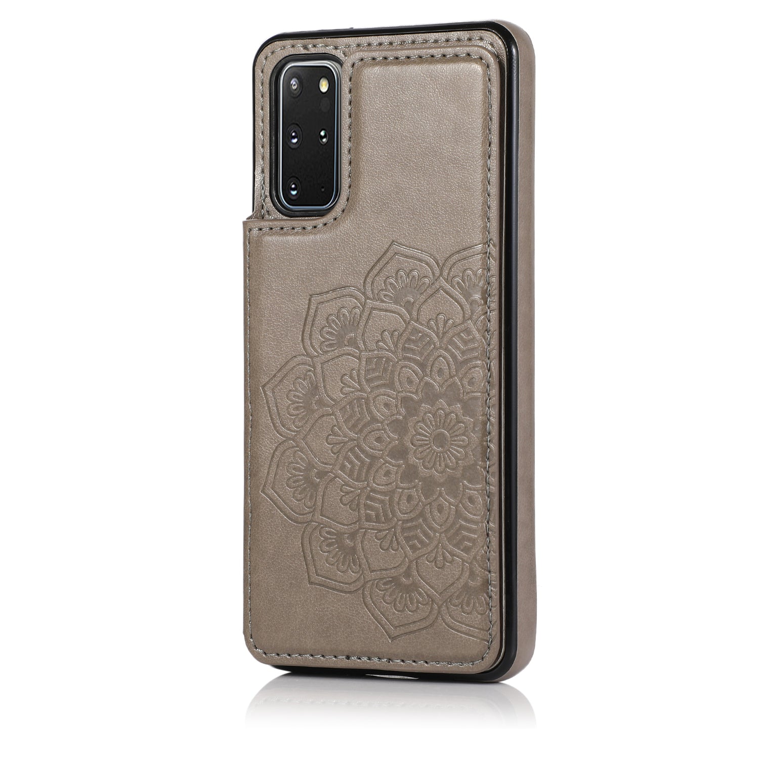 Imprint Mandala Flower PU Leather + TPU Hybrid Kickstand Case for Samsung Galaxy S20 Plus - Grey