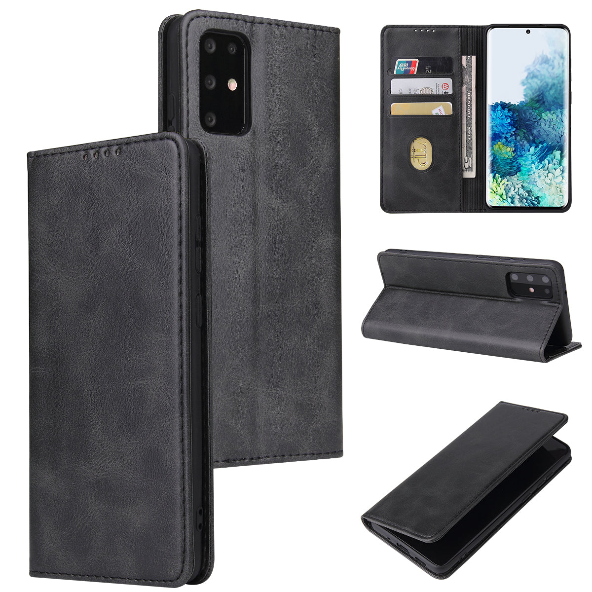 Business Style Auto-absorbed Leather Wallet Mobile Phone Case for Samsung Galaxy S20 4G/S20 5G - Black