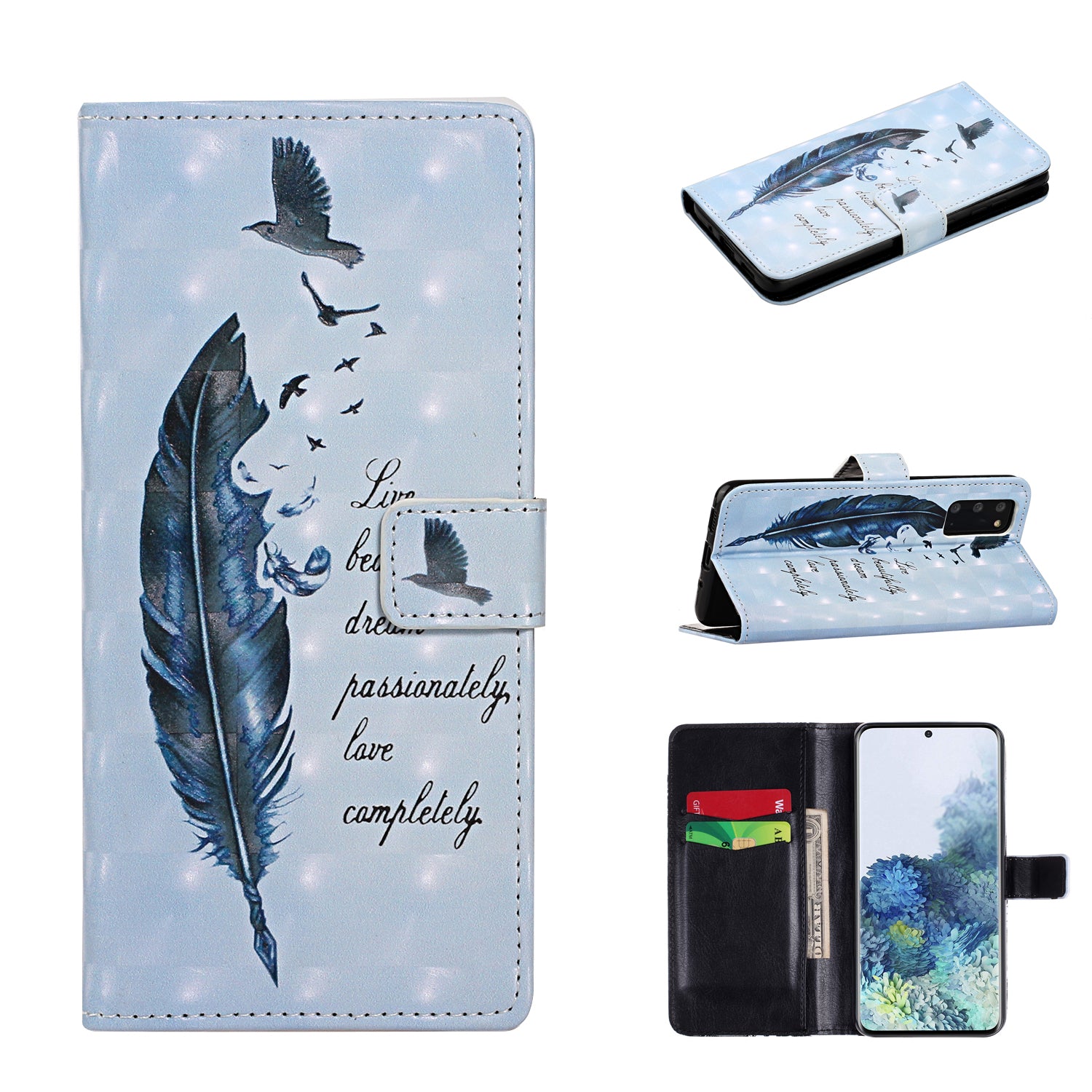 Light Spot Decor Pattern Printing Wallet Leather Mobile Cover for Samsung Galaxy S20 - Feather and Bird