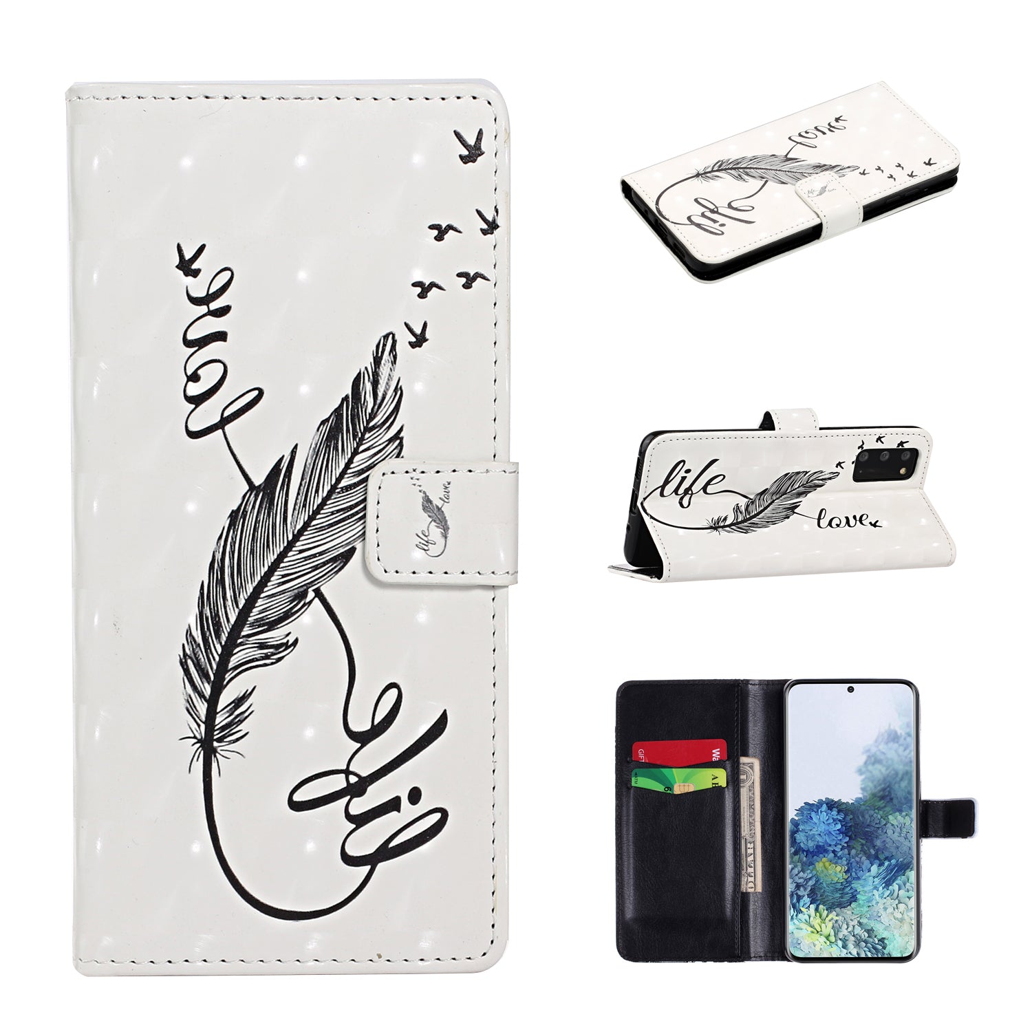 Light Spot Decor Pattern Printing Wallet Leather Mobile Cover for Samsung Galaxy S20 - Feather