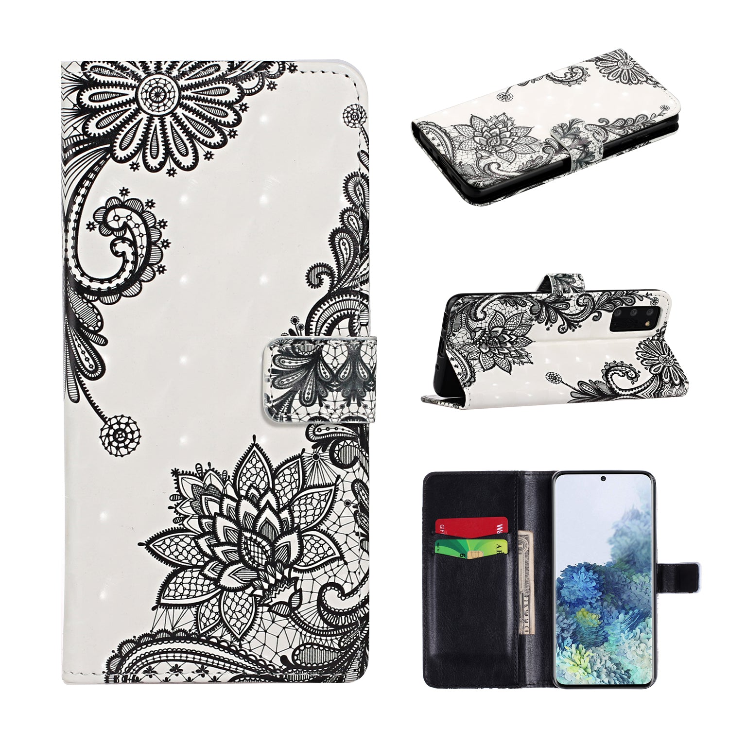 Light Spot Decor Pattern Printing Wallet Leather Mobile Cover for Samsung Galaxy S20 - Lace Flower