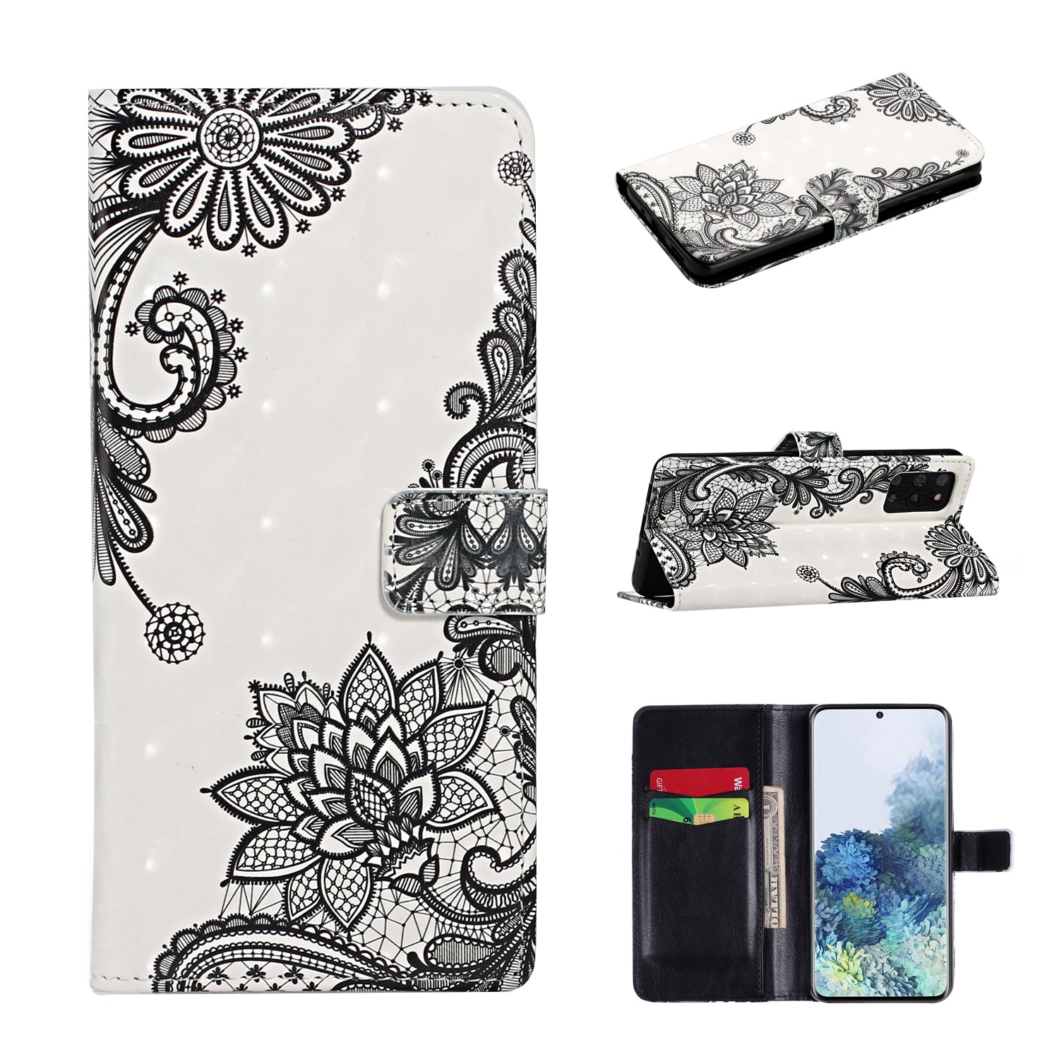 Light Spot Decor Pattern Printing Wallet Leather Mobile Case for Samsung Galaxy S20 Plus - Lace Flower