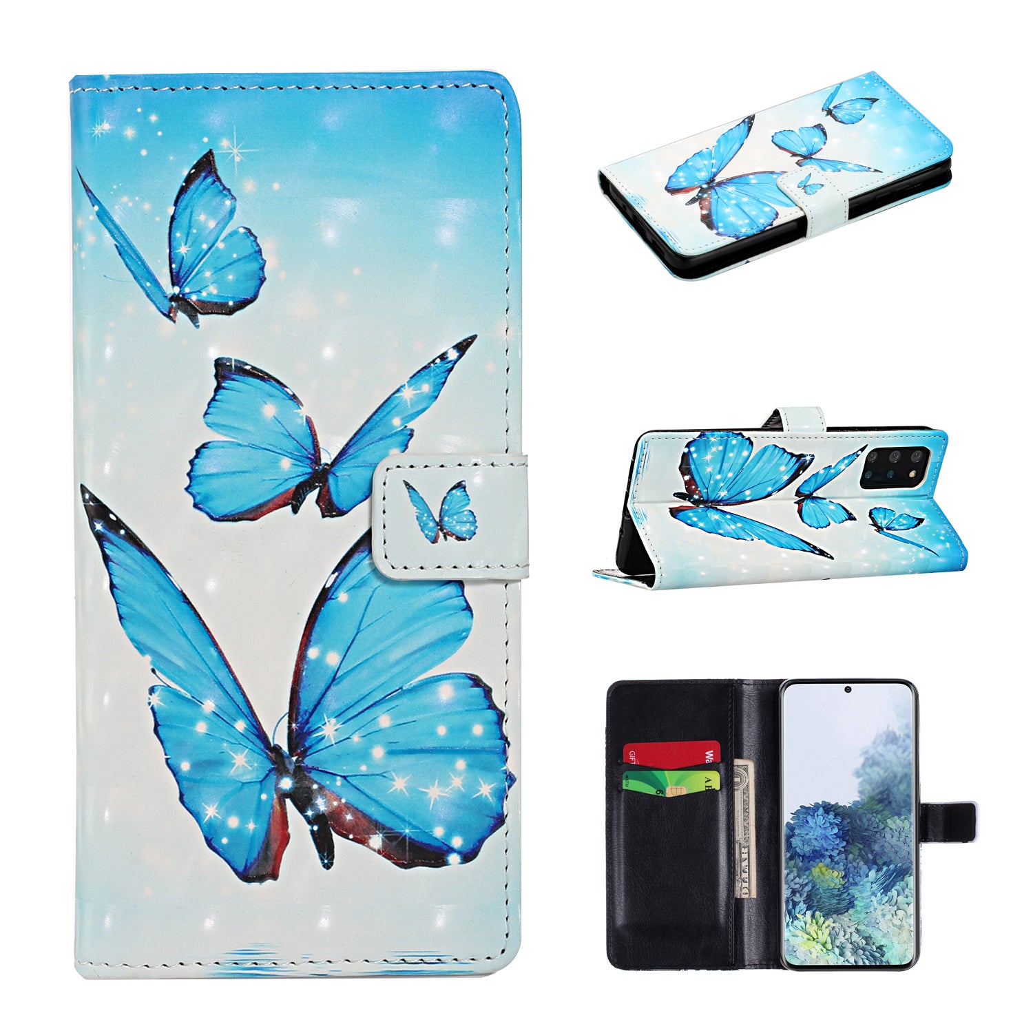 Light Spot Decor Pattern Printing Wallet Leather Mobile Case for Samsung Galaxy S20 Plus - Blue Butterfly