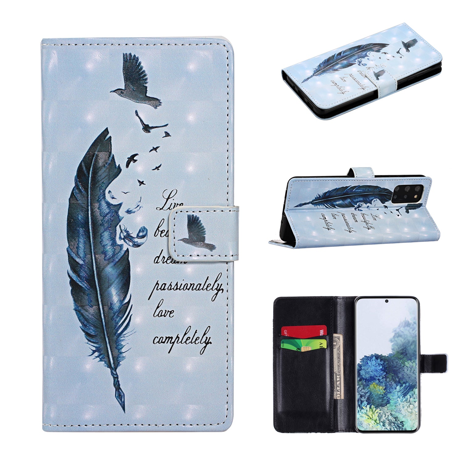 Light Spot Decor Pattern Printing Wallet Leather Mobile Case for Samsung Galaxy S20 Plus - Feather and Birds