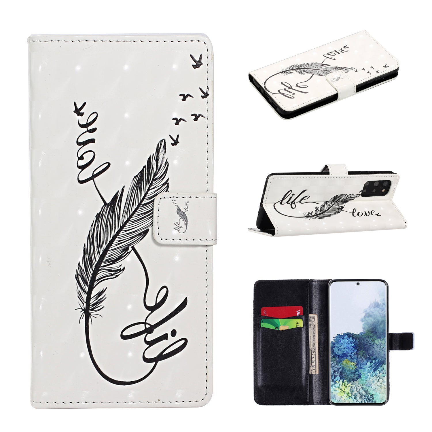 Light Spot Decor Pattern Printing Wallet Leather Mobile Case for Samsung Galaxy S20 Plus - Feather