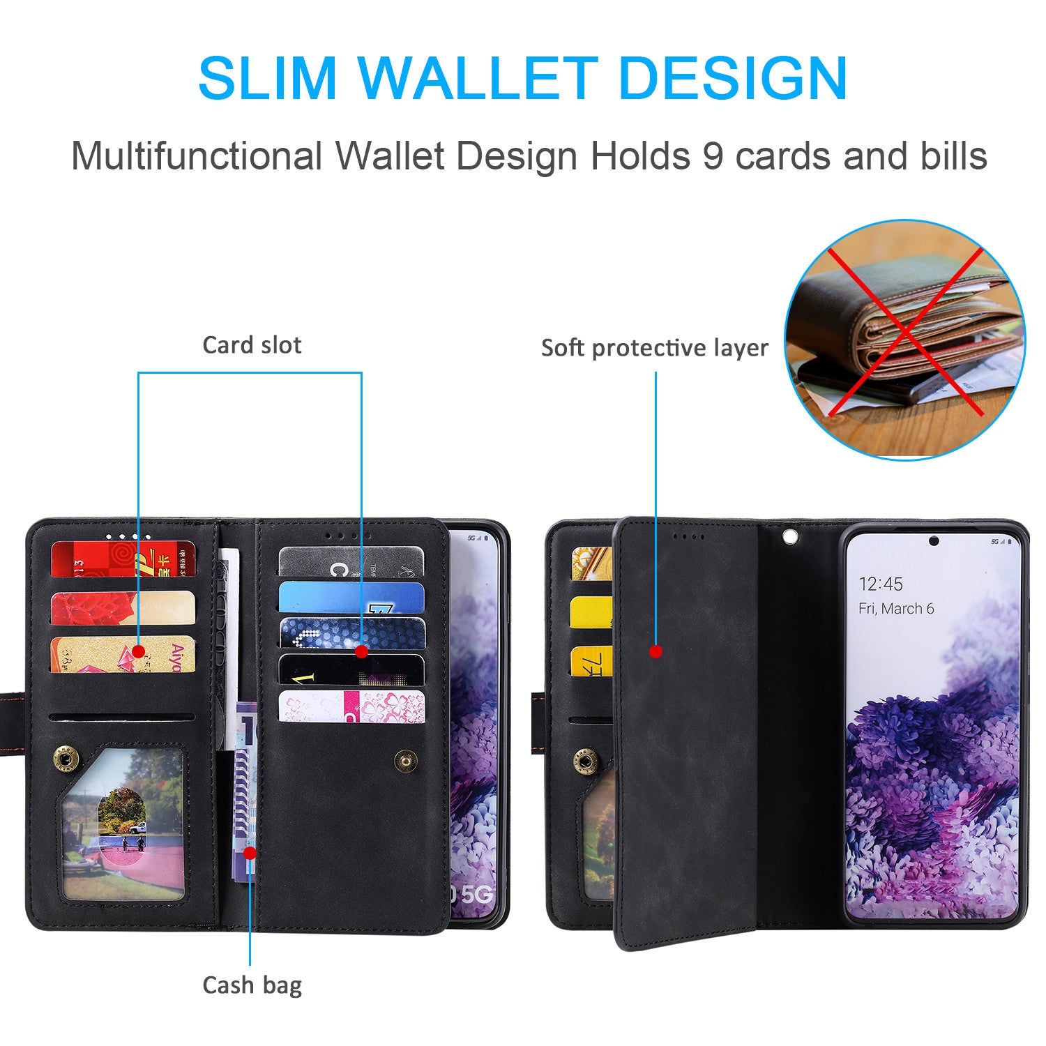 Zipper Pocket Wallet Stand Flip Leather Cell Phone Cover Casing for Samsung Galaxy S20 Plus/S20 Plus 5G  - Black