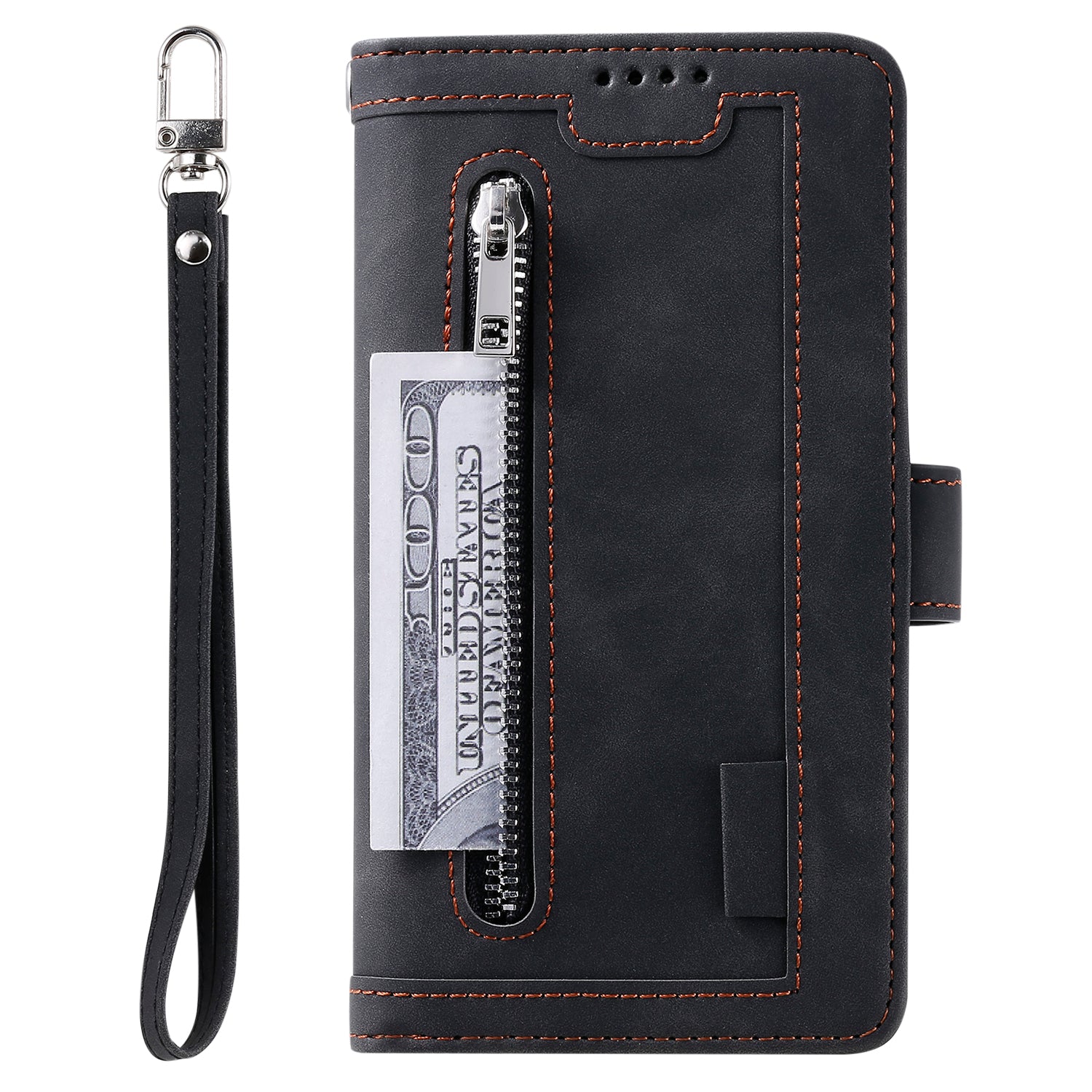 Zipper Pocket Wallet Stand Flip Leather Cell Phone Cover Casing for Samsung Galaxy S20 Plus/S20 Plus 5G  - Black