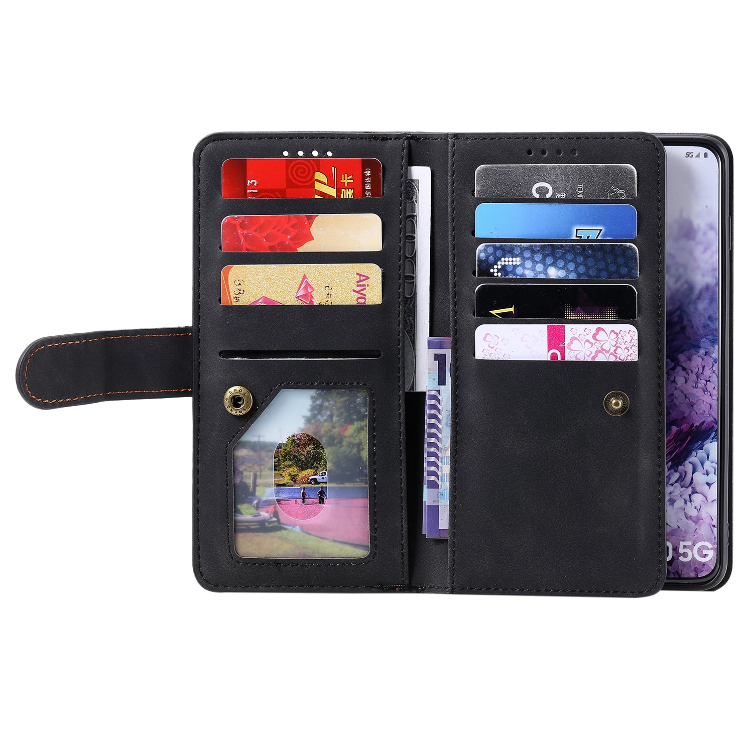 Zipper Pocket Wallet Stand Flip Leather Cell Phone Cover Casing for Samsung Galaxy S20 Plus/S20 Plus 5G  - Black