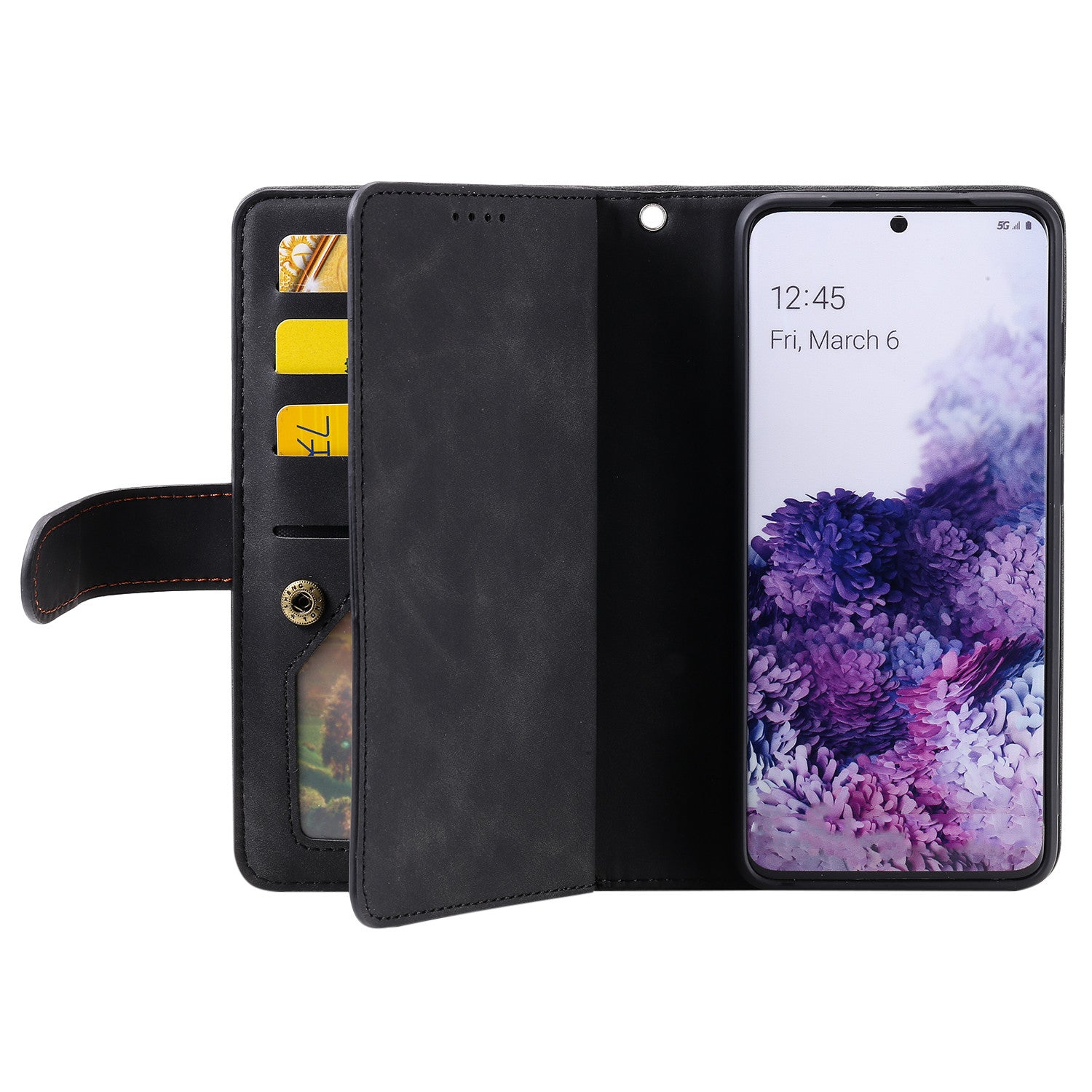 Zipper Pocket Wallet Stand Flip Leather Cell Phone Cover Casing for Samsung Galaxy S20 Plus/S20 Plus 5G  - Black