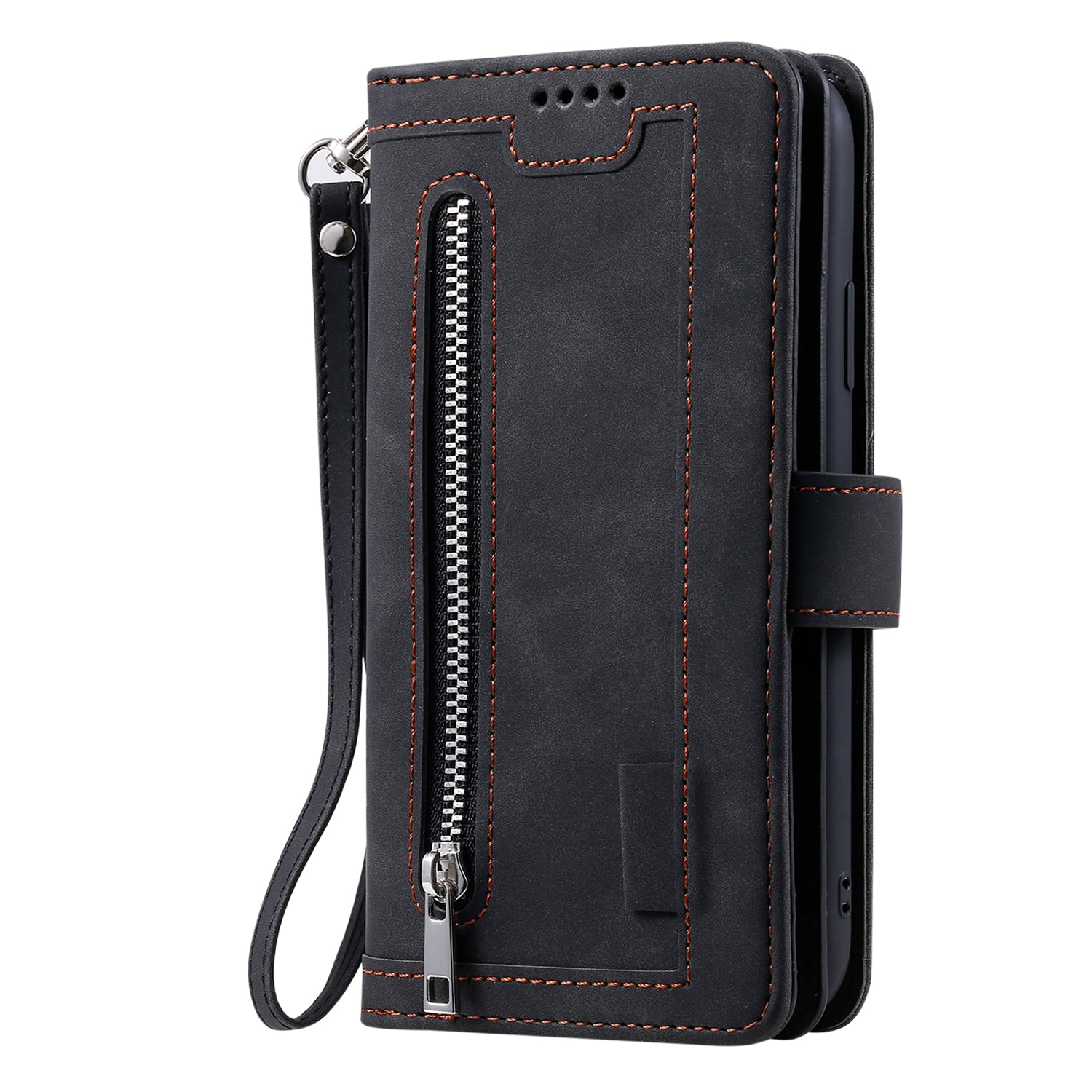 Zipper Pocket Wallet Stand Flip Leather Cell Phone Cover Casing for Samsung Galaxy S20 Plus/S20 Plus 5G  - Black