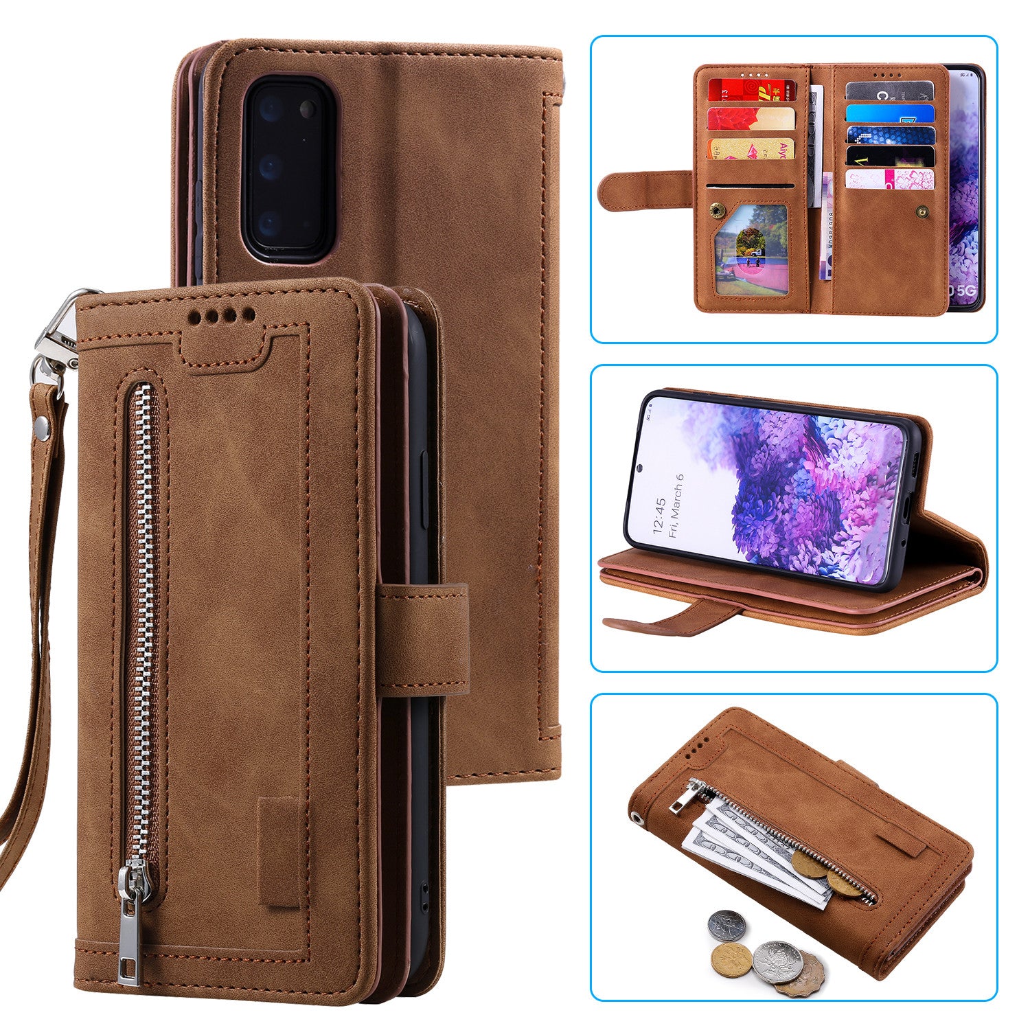 Zipper Pocket Wallet Stand Flip Leather Cell Phone Cover Casing for Samsung Galaxy S20 Plus/S20 Plus 5G  - Brown