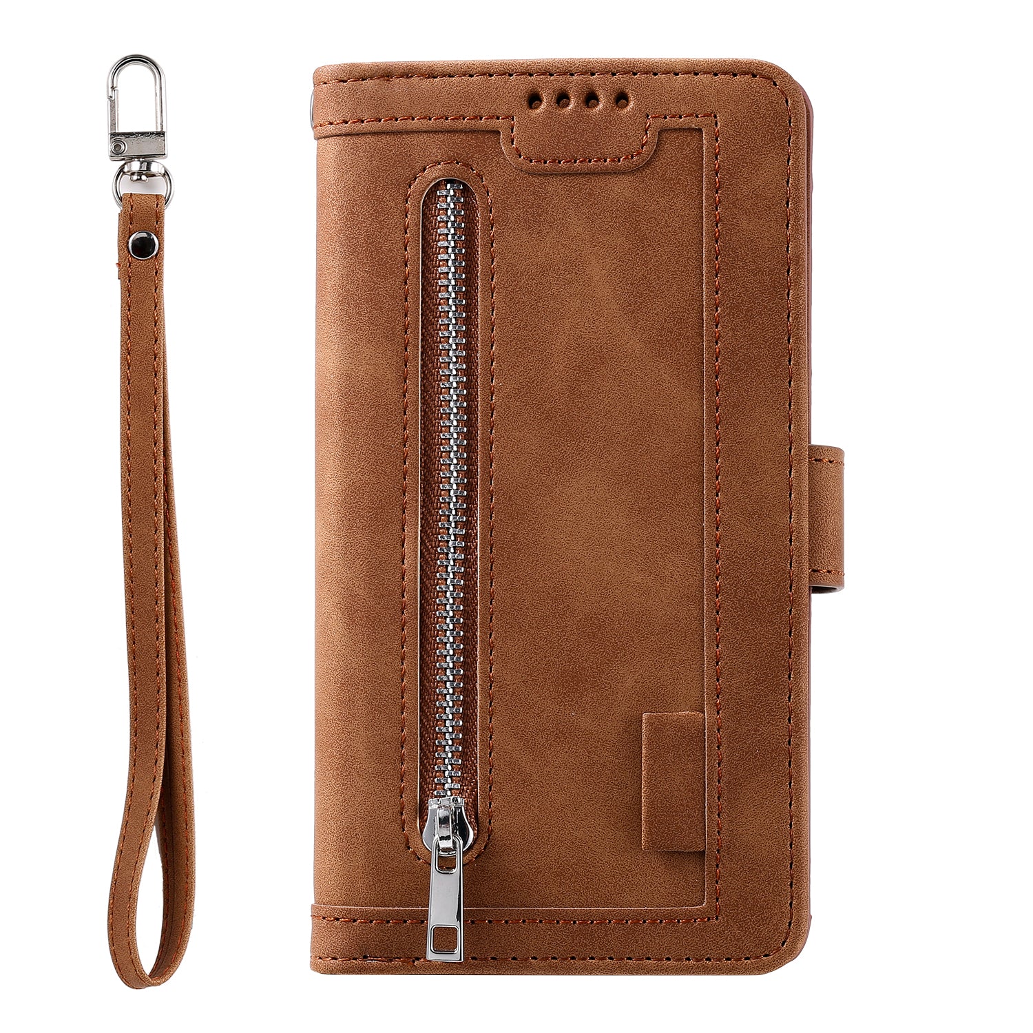 Zipper Pocket Wallet Stand Flip Leather Cell Phone Cover Casing for Samsung Galaxy S20 Plus/S20 Plus 5G  - Brown