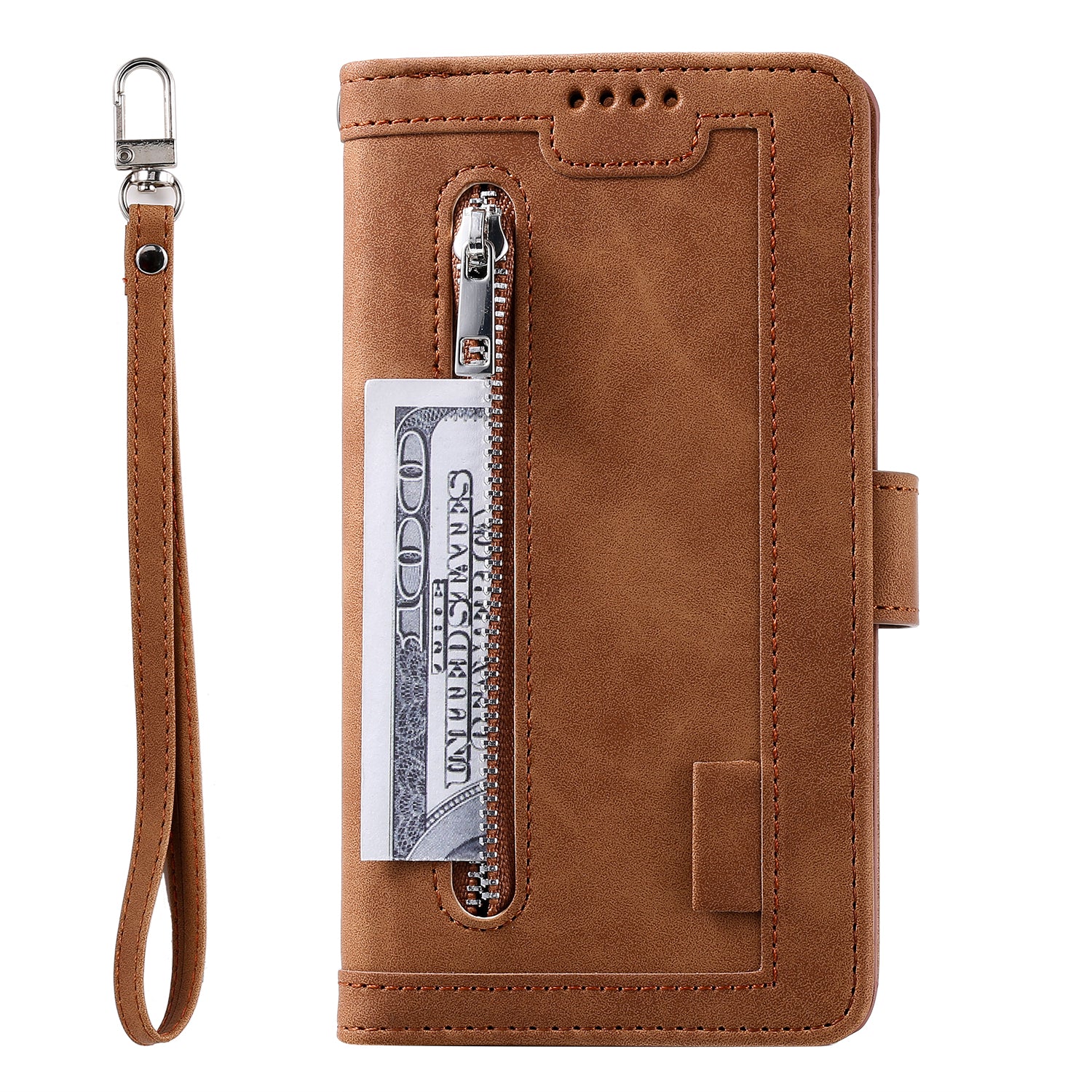 Zipper Pocket Wallet Stand Flip Leather Cell Phone Cover Casing for Samsung Galaxy S20 Plus/S20 Plus 5G  - Brown